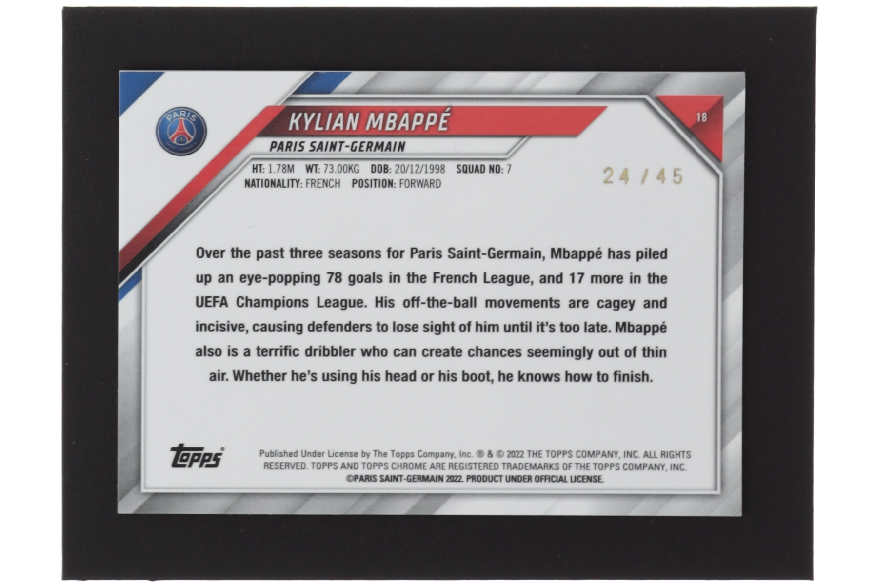 Kylian Mbappe 2021-22 Topps Chrome Paris Saint-Germain Wave Refractor #18 #24/45 at PristineAuction.com Kylian Mbappe 2021-22 Topps Chrome Paris Saint-Germain Wave Refractor #18 #24/45 at PristineAuction.com