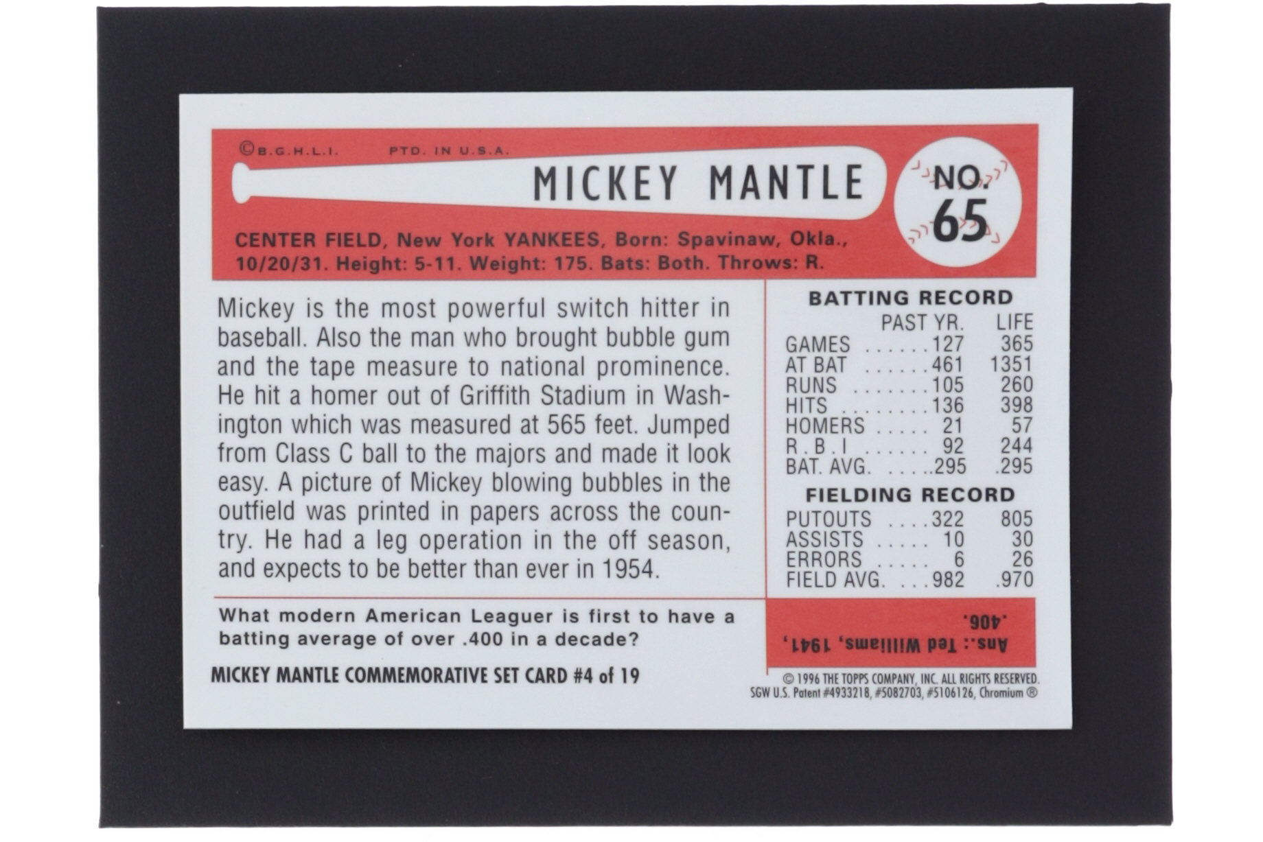 Mickey Mantle 1996 Topps Mantle Finest Refractors #4 1954 Bowman at PristineAuction.com Mickey Mantle 1996 Topps Mantle Finest Refractors #4 1954 Bowman at PristineAuction.com