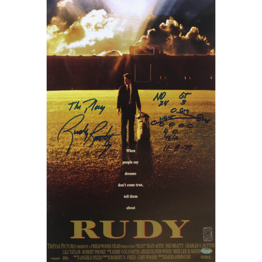 Rudy Ruettiger Signed "Rudy" 11x17 Movie Poster Inscribed "The Play