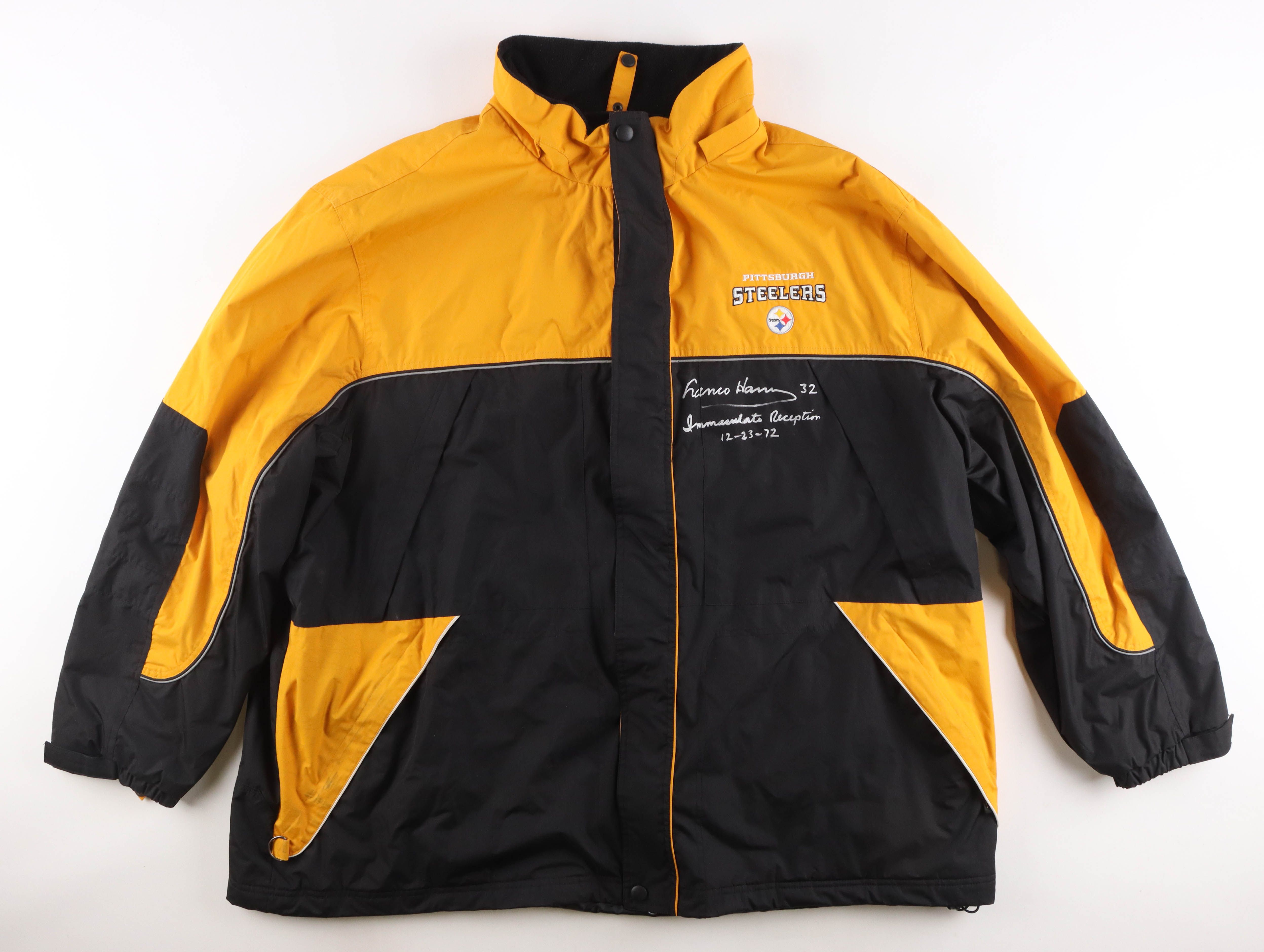 Franco Harris Signed Steelers Logo Jacket Inscribed "Immaculate Reception 12-23-72" (Beckett) at PristineAuction.com Franco Harris Signed Steelers Logo Jacket Inscribed "Immaculate Reception 12-23-72" (Beckett) at PristineAuction.com