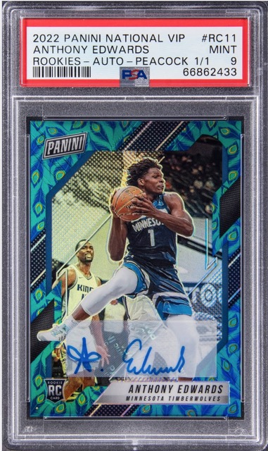 Anthony Edwards 2022 Panini National Convention VIP Rookies Autographs Peacock #RC11 #1/1 (PSA 9) at PristineAuction.com Anthony Edwards 2022 Panini National Convention VIP Rookies Autographs Peacock #RC11 #1/1 (PSA 9) at PristineAuction.com