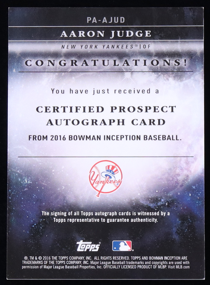 Aaron Judge 2016 Bowman Inception Prospect Autographs #PAAJUD RC at PristineAuction.com Aaron Judge 2016 Bowman Inception Prospect Autographs #PAAJUD RC at PristineAuction.com