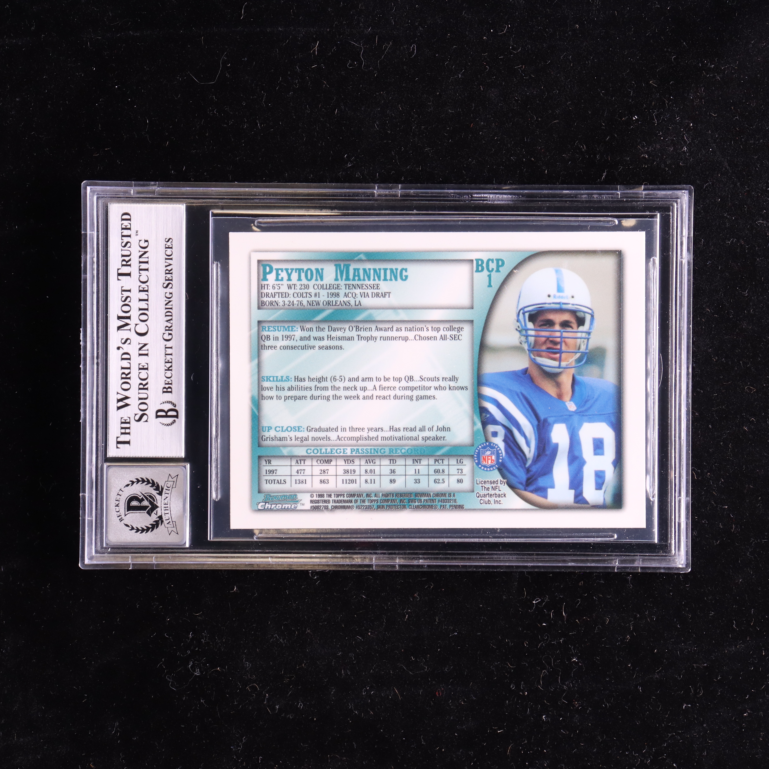 Peyton Manning Signed 1998 Bowman Chrome Preview #BCP1 RC (BGS) at PristineAuction.com Peyton Manning Signed 1998 Bowman Chrome Preview #BCP1 RC (BGS) at PristineAuction.com