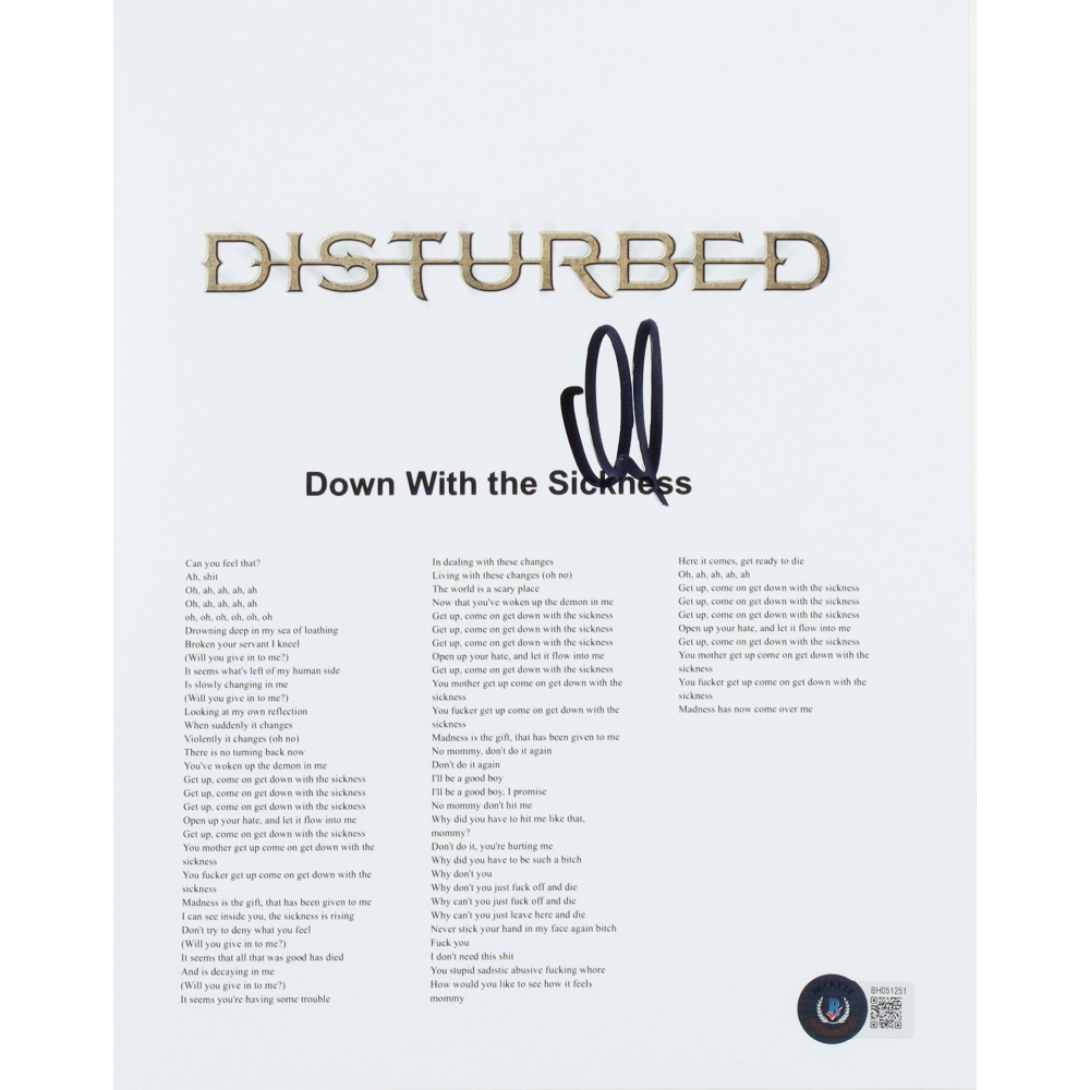 David Draiman Signed "Down With the Sickness" 8x10 Lyric Sheet (Beckett