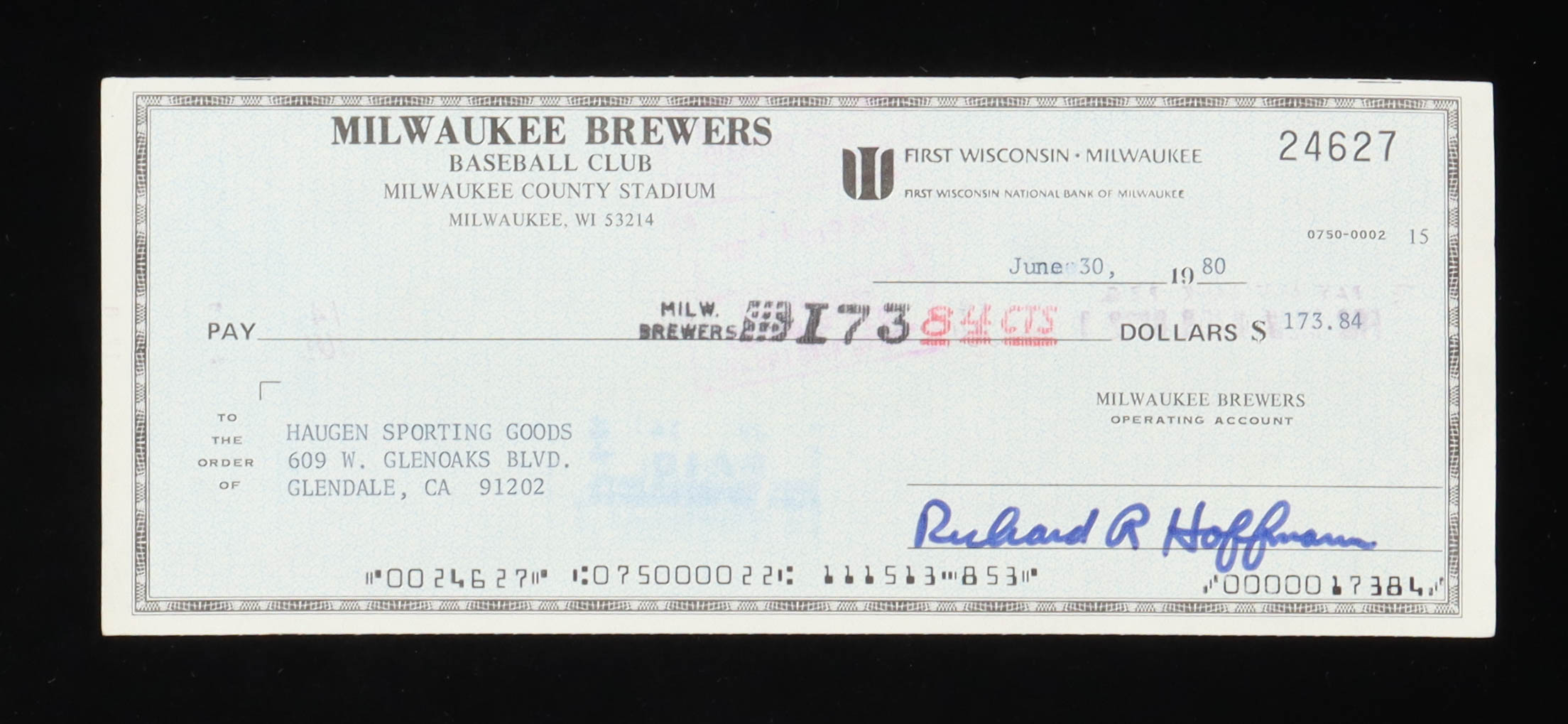 Richard Hoffman Signed 1980 Personal Bank Check (Beckett) at PristineAuction.com Richard Hoffman Signed 1980 Personal Bank Check (Beckett) at PristineAuction.com