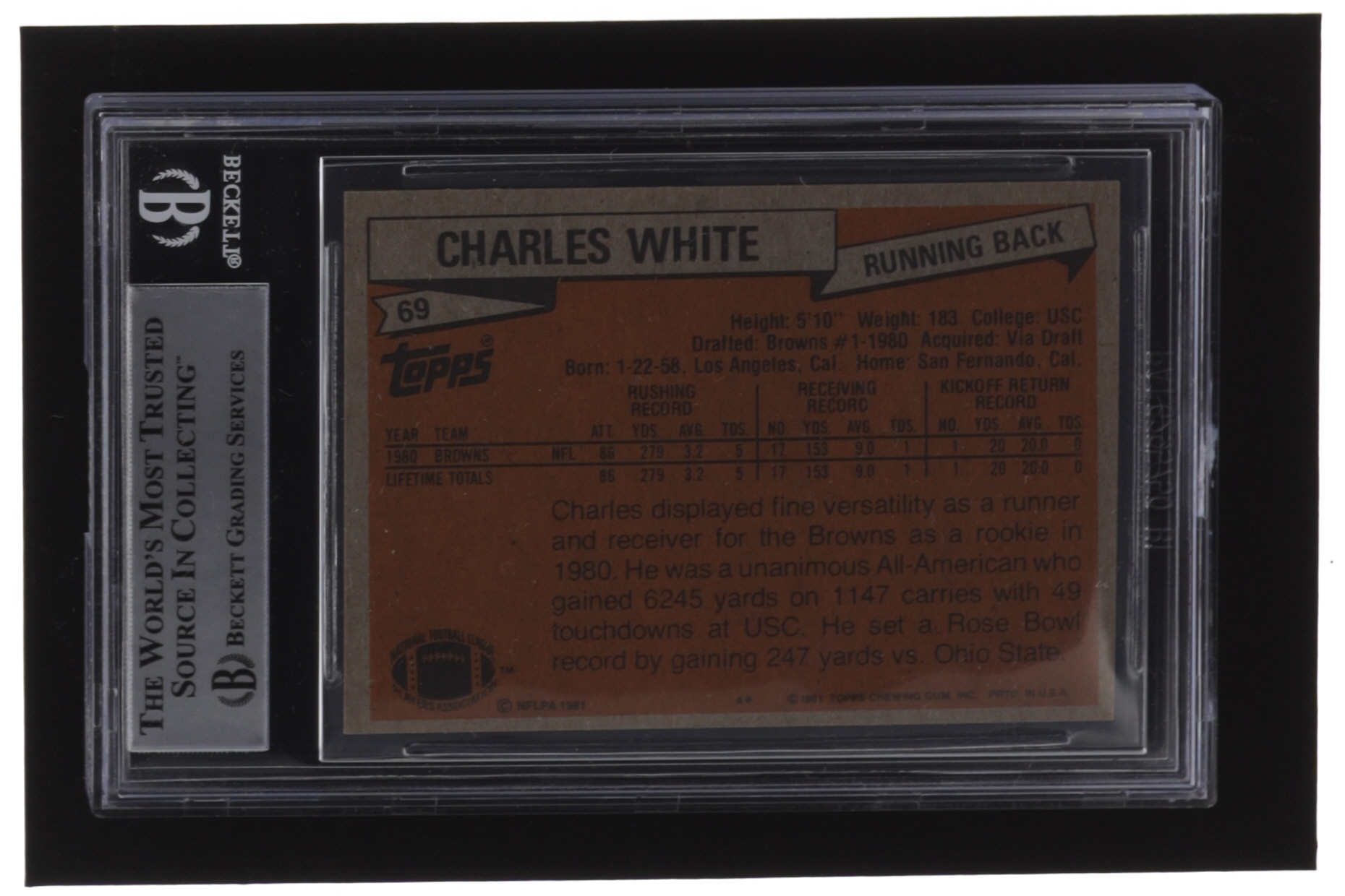Charles White Signed 1981 Topps #69 RC (BGS) at PristineAuction.com Charles White Signed 1981 Topps #69 RC (BGS) at PristineAuction.com