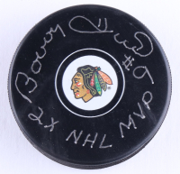 Bobby Hull Signed Blackhawks Logo Hockey Puck Inscribed "2x NHL MVP" (Schwartz Sports) at PristineAuction.com