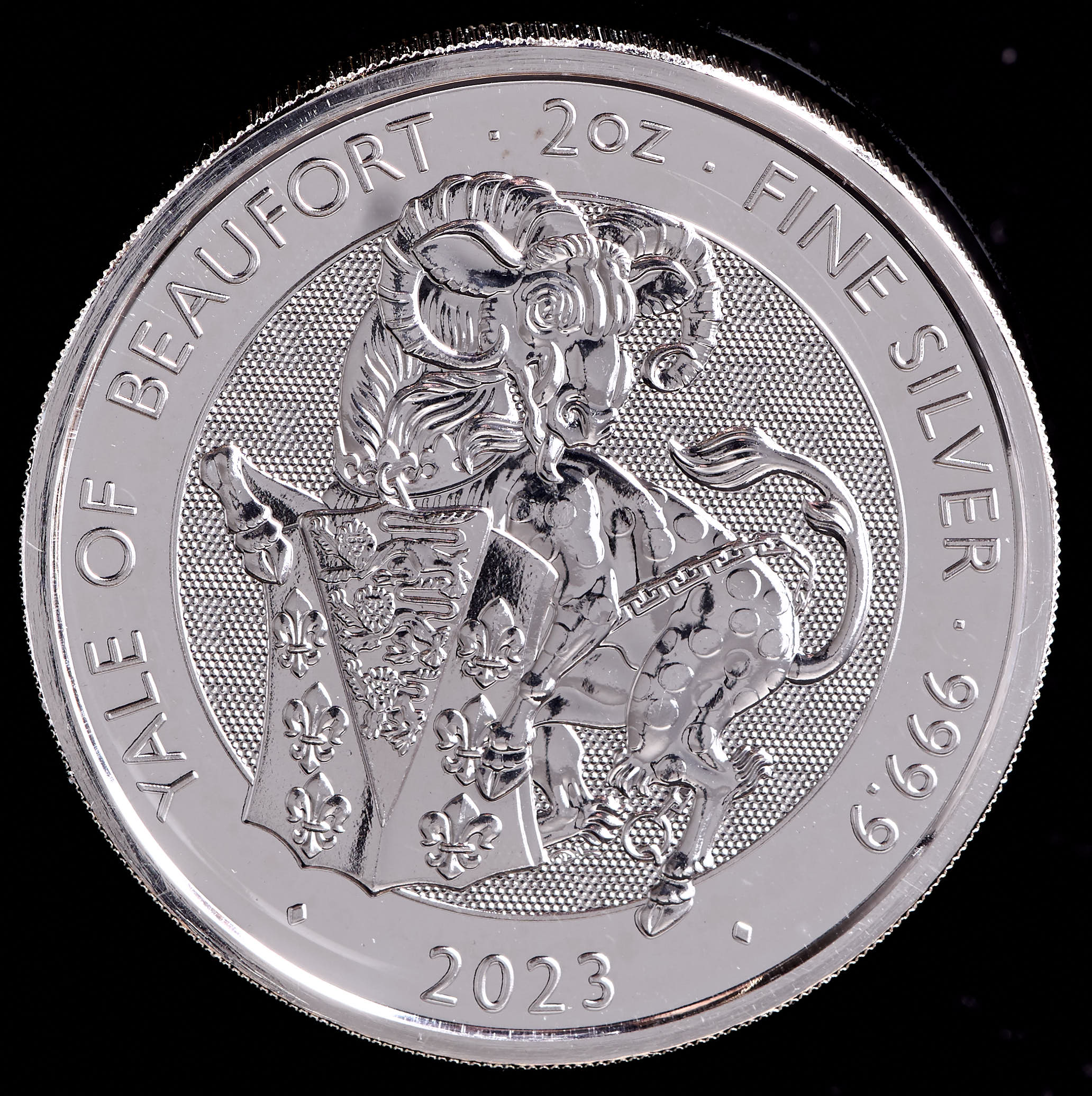 2023 Great Britain Queen's Beasts "Yale of Beaufort" 2 Oz. .999 Fine Silver 5 Pound Coin at PristineAuction.com 2023 Great Britain Queen's Beasts "Yale of Beaufort" 2 Oz. .999 Fine Silver 5 Pound Coin at PristineAuction.com