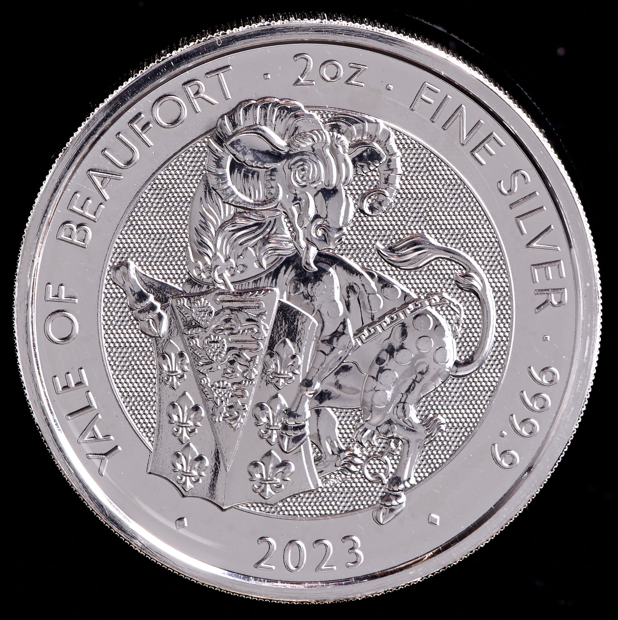 2023 Great Britain Queen's Beasts "Yale of Beaufort" 2 Oz. .999 Fine Silver 5 Pound Coin at PristineAuction.com 2023 Great Britain Queen's Beasts "Yale of Beaufort" 2 Oz. .999 Fine Silver 5 Pound Coin at PristineAuction.com