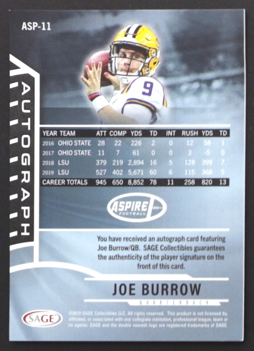 Joe Burrow 2020 SAGE Aspire Autograph #ASP11 RC at PristineAuction.com Joe Burrow 2020 SAGE Aspire Autograph #ASP11 RC at PristineAuction.com