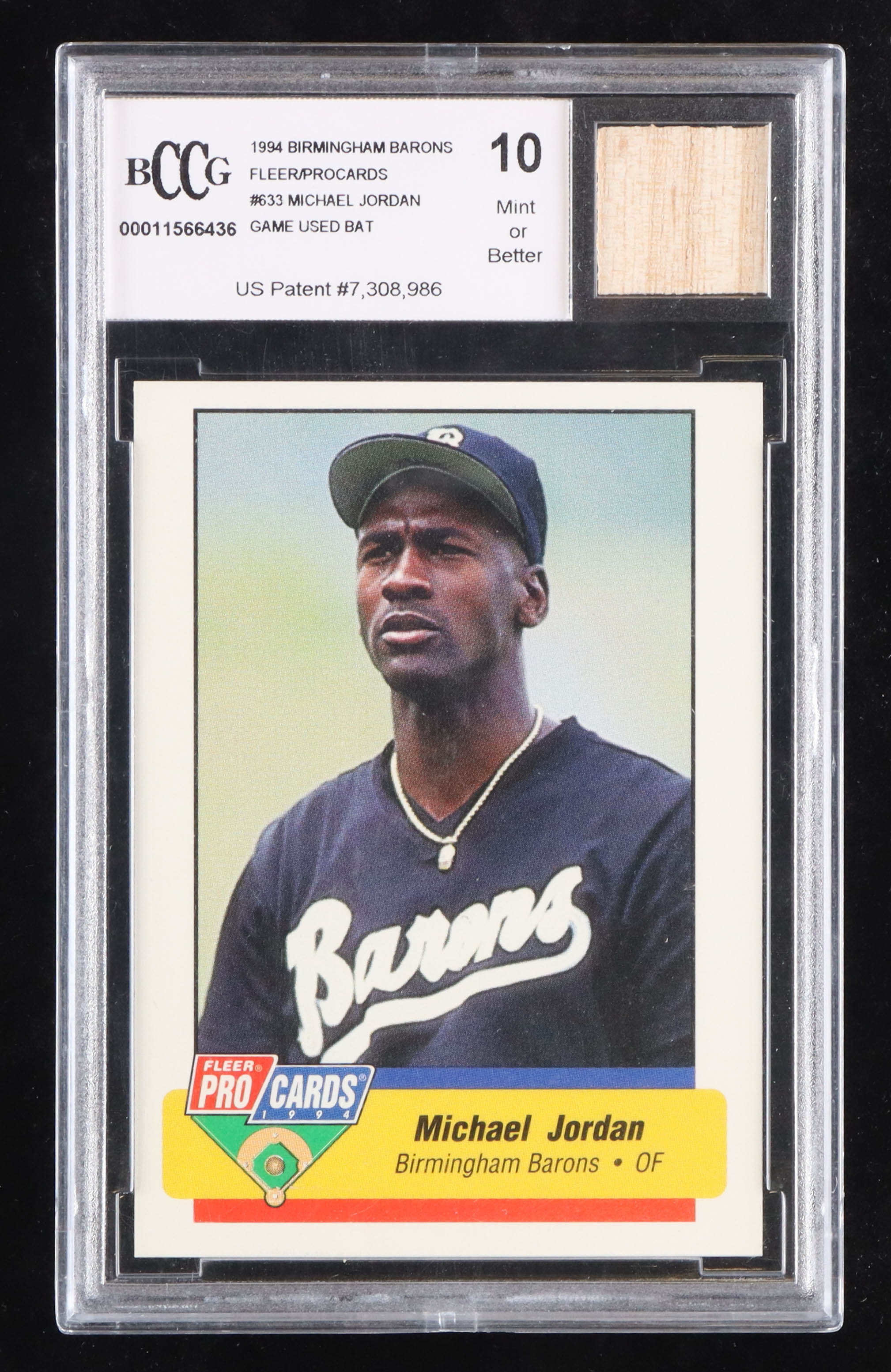 Michael Jordan 1994 Birmingham Barons Fleer / ProCards #633 RC with Game-Used Bat Piece (BCCG 10) at PristineAuction.com Michael Jordan 1994 Birmingham Barons Fleer / ProCards #633 RC with Game-Used Bat Piece (BCCG 10) at PristineAuction.com