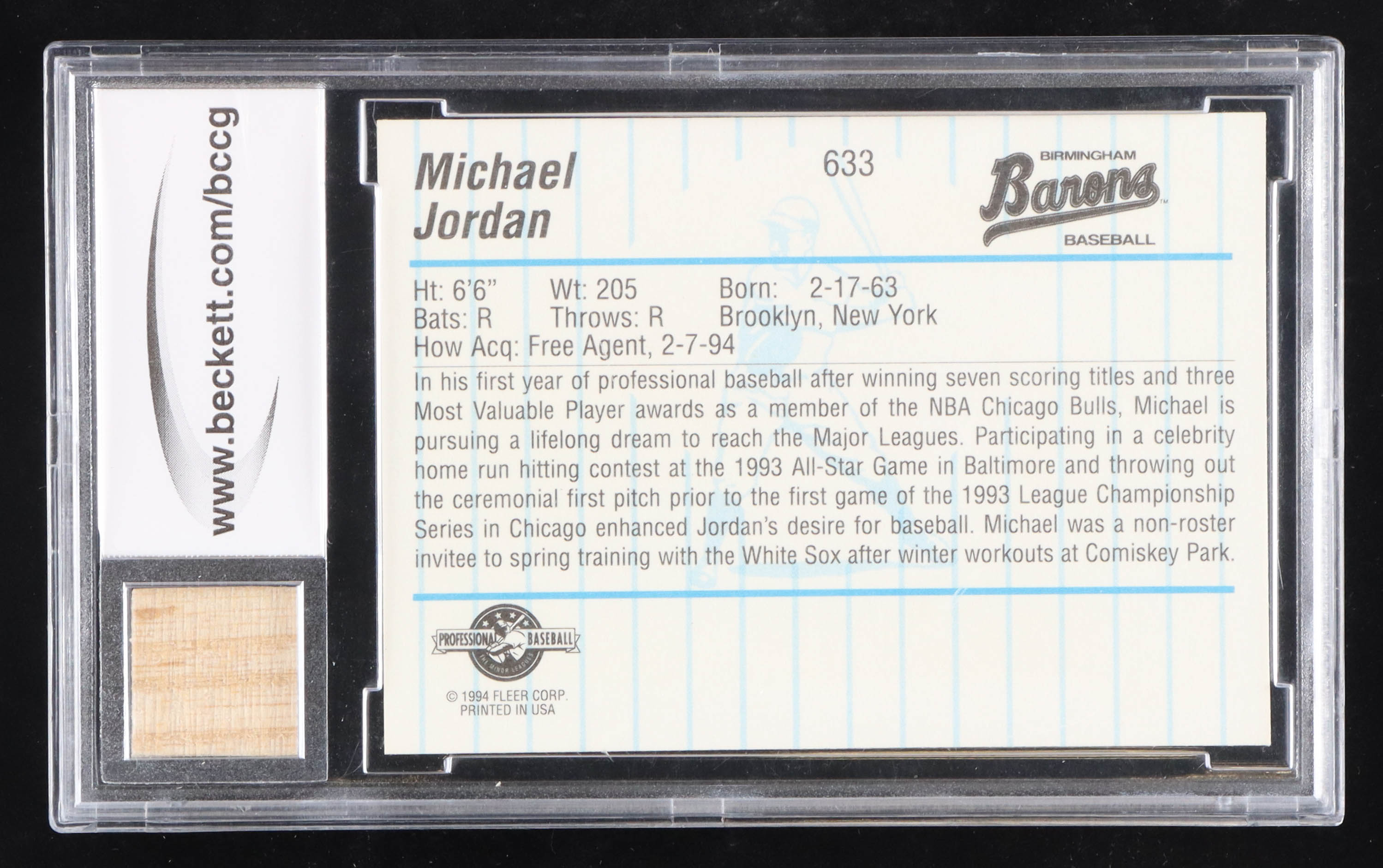 Michael Jordan 1994 Birmingham Barons Fleer / ProCards #633 RC with Game-Used Bat Piece (BCCG 10) at PristineAuction.com Michael Jordan 1994 Birmingham Barons Fleer / ProCards #633 RC with Game-Used Bat Piece (BCCG 10) at PristineAuction.com