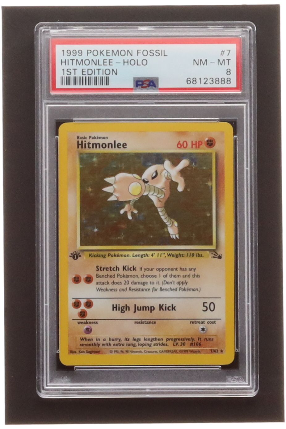 Hitmonlee Pokemon 1999 Fossil #7 Holo (PSA 8) at PristineAuction.com Hitmonlee Pokemon 1999 Fossil #7 Holo (PSA 8) at PristineAuction.com