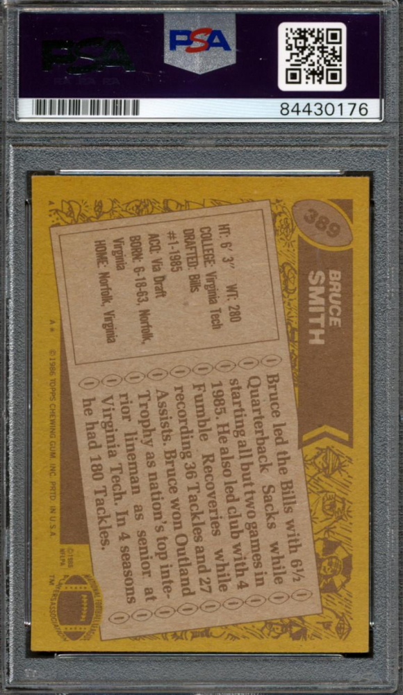 Bruce Smith Signed 1986 Topps #389 RC (PSA) at PristineAuction.com Bruce Smith Signed 1986 Topps #389 RC (PSA) at PristineAuction.com