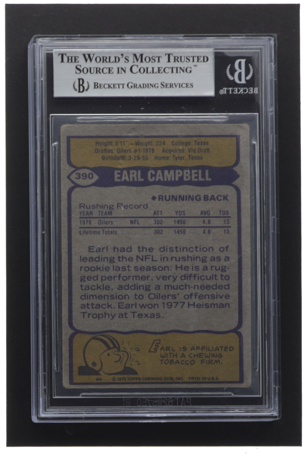 Carte Recrue Earl Campbell 1979 Topps - Signée Authentifiée PSA - Houston Oilers