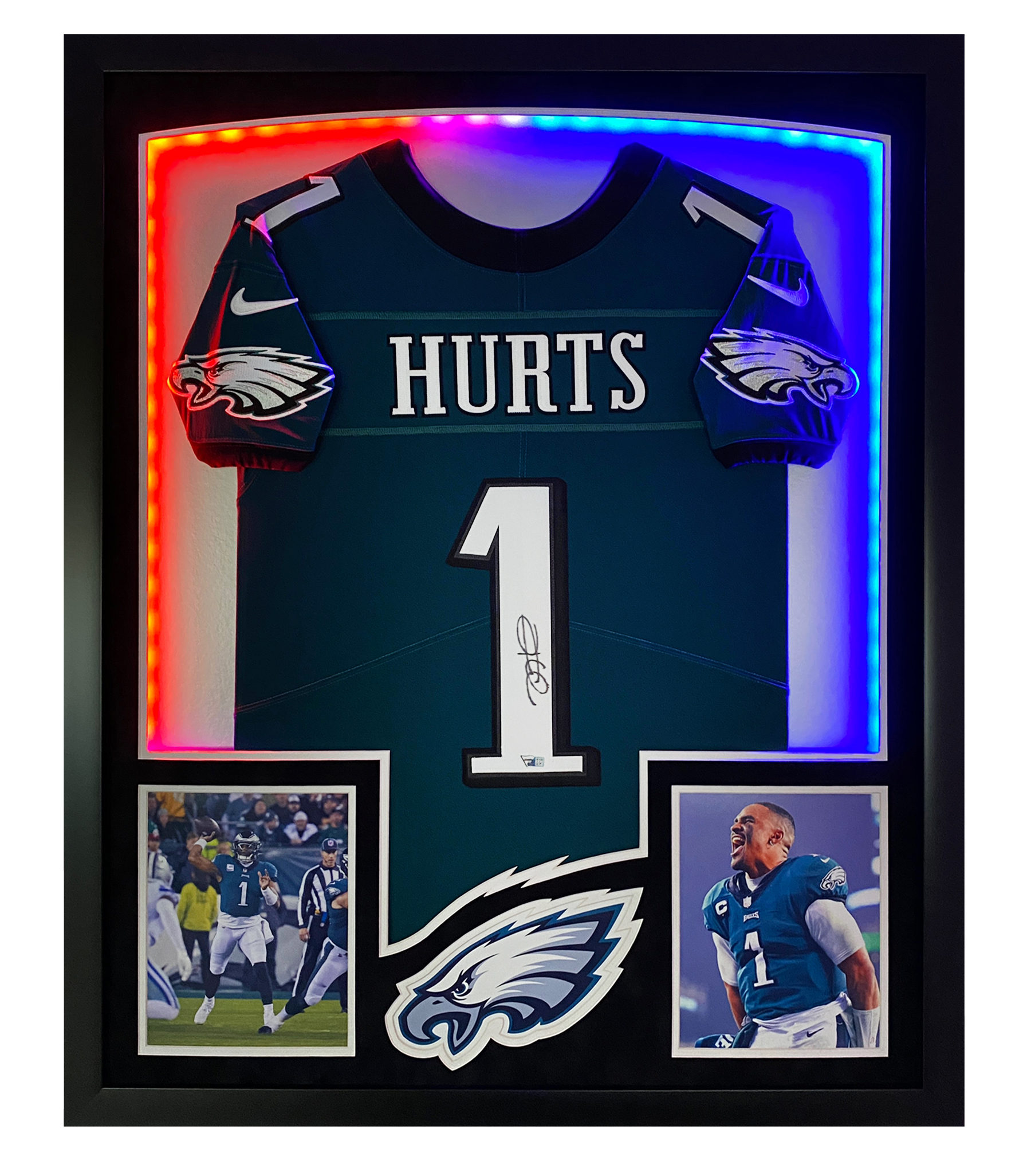 Jalen Hurts Signed Eagles Custom Framed Jersey Display with LED Backlit Display (Fanatics) at PristineAuction.com Jalen Hurts Signed Eagles Custom Framed Jersey Display with LED Backlit Display (Fanatics) at PristineAuction.com