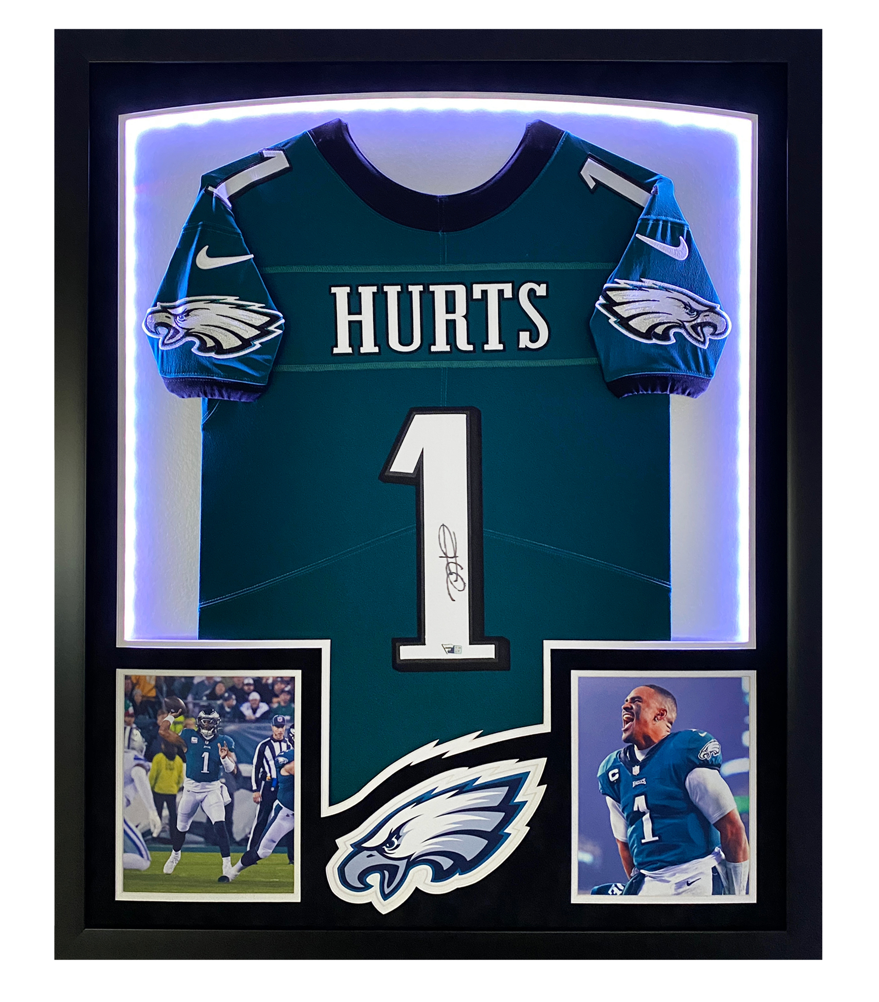 Jalen Hurts Signed Eagles Custom Framed Jersey Display with LED Backlit Display (Fanatics) at PristineAuction.com Jalen Hurts Signed Eagles Custom Framed Jersey Display with LED Backlit Display (Fanatics) at PristineAuction.com