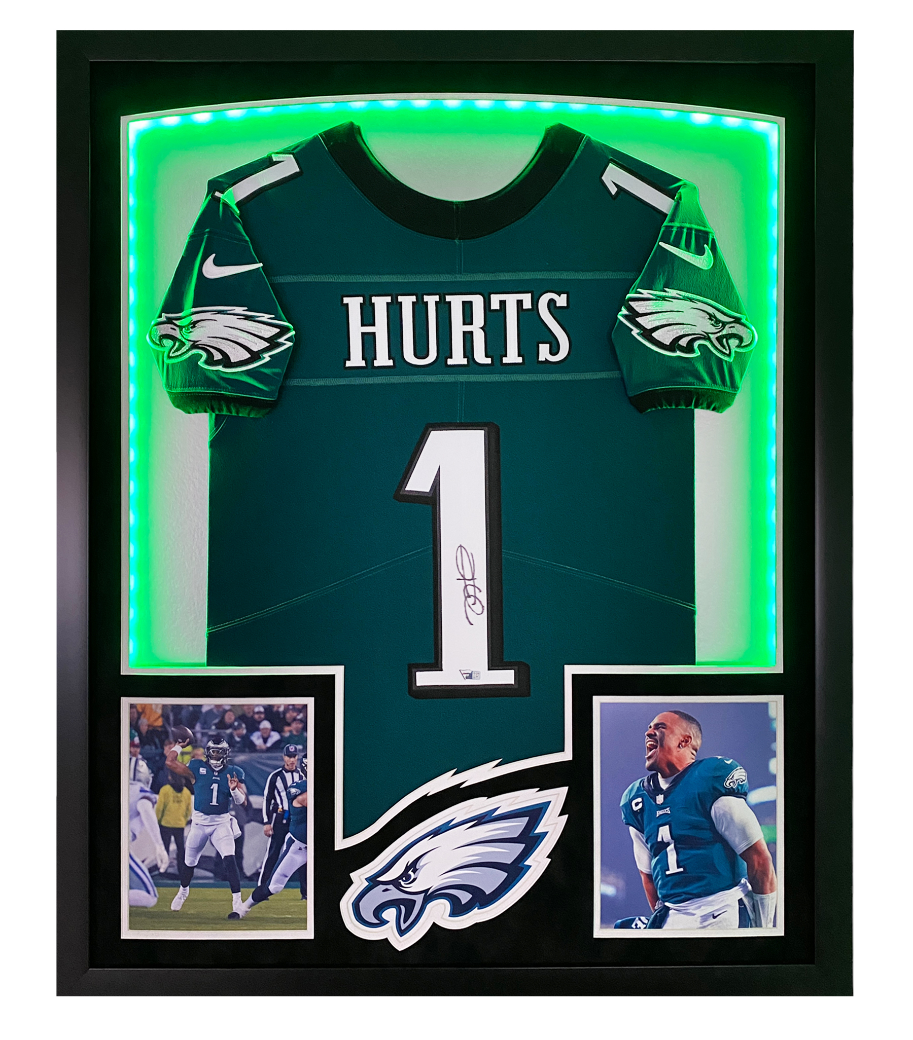 Jalen Hurts Signed Eagles Custom Framed Jersey Display with LED Backlit Display (Fanatics) at PristineAuction.com Jalen Hurts Signed Eagles Custom Framed Jersey Display with LED Backlit Display (Fanatics) at PristineAuction.com