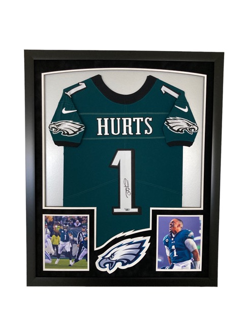 Jalen Hurts Signed Eagles Custom Framed Jersey Display with LED Backlit Display (Fanatics) at PristineAuction.com Jalen Hurts Signed Eagles Custom Framed Jersey Display with LED Backlit Display (Fanatics) at PristineAuction.com