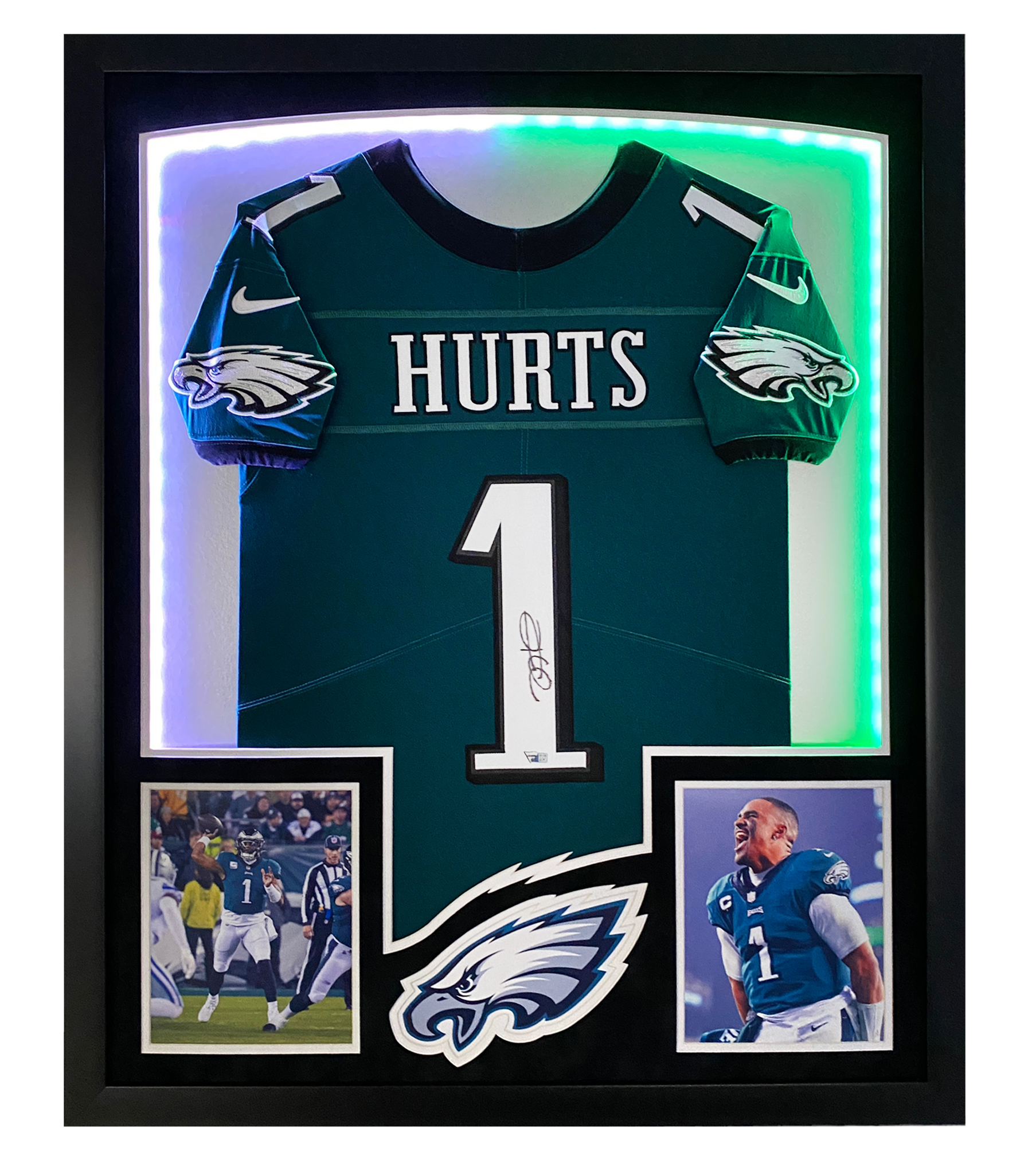 Jalen Hurts Signed Eagles Custom Framed Jersey Display with LED Backlit Display (Fanatics) at PristineAuction.com Jalen Hurts Signed Eagles Custom Framed Jersey Display with LED Backlit Display (Fanatics) at PristineAuction.com