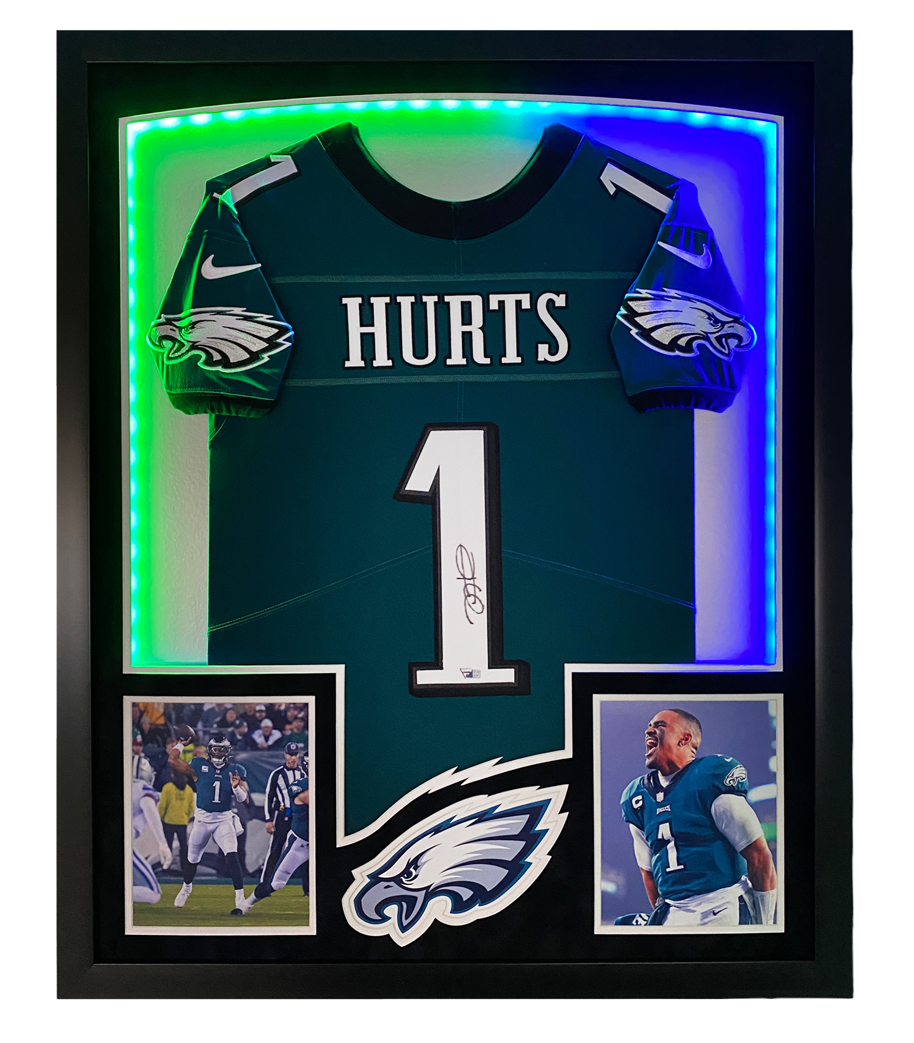 Jalen Hurts Signed Eagles Custom Framed Jersey Display with LED Backlit Display (Fanatics) at PristineAuction.com Jalen Hurts Signed Eagles Custom Framed Jersey Display with LED Backlit Display (Fanatics) at PristineAuction.com