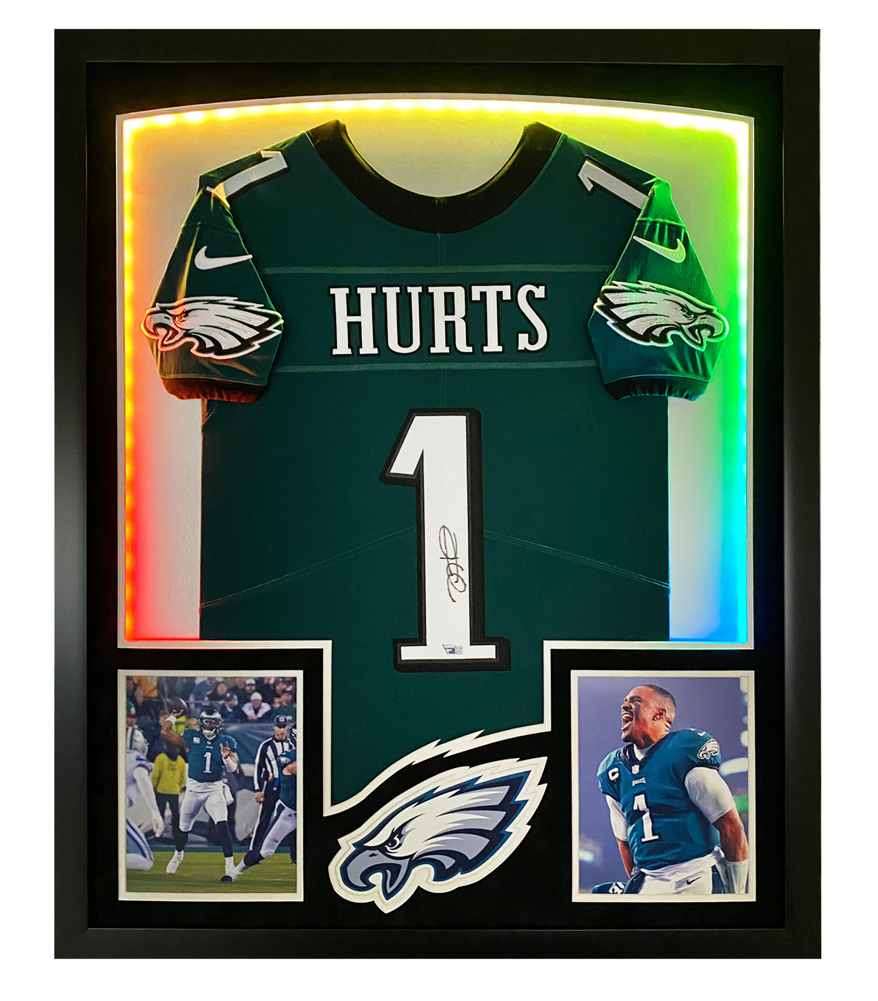 Jalen Hurts Signed Eagles Custom Framed Jersey Display with LED Backlit Display (Fanatics) at PristineAuction.com Jalen Hurts Signed Eagles Custom Framed Jersey Display with LED Backlit Display (Fanatics) at PristineAuction.com