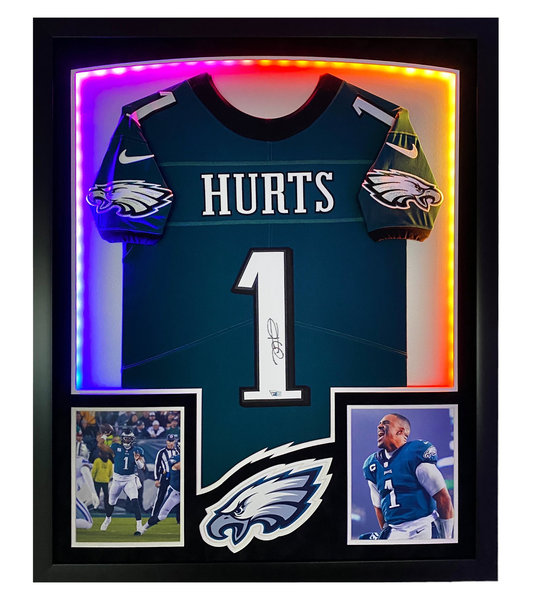 Jalen Hurts Signed Eagles Custom Framed Jersey Display with LED Backlit Display (Fanatics) at PristineAuction.com Jalen Hurts Signed Eagles Custom Framed Jersey Display with LED Backlit Display (Fanatics) at PristineAuction.com