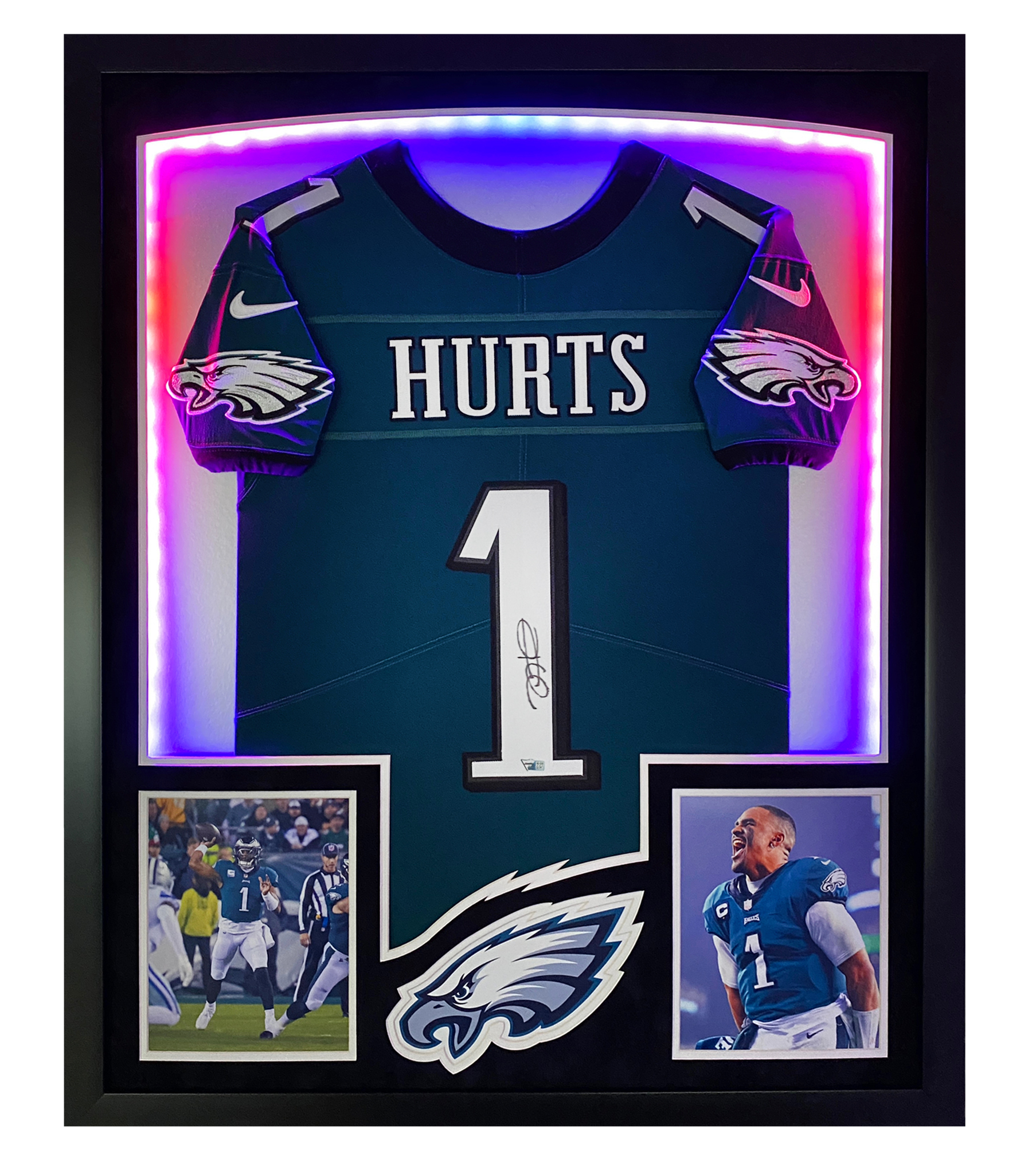 Jalen Hurts Signed Eagles Custom Framed Jersey Display with LED Backlit Display (Fanatics) at PristineAuction.com Jalen Hurts Signed Eagles Custom Framed Jersey Display with LED Backlit Display (Fanatics) at PristineAuction.com