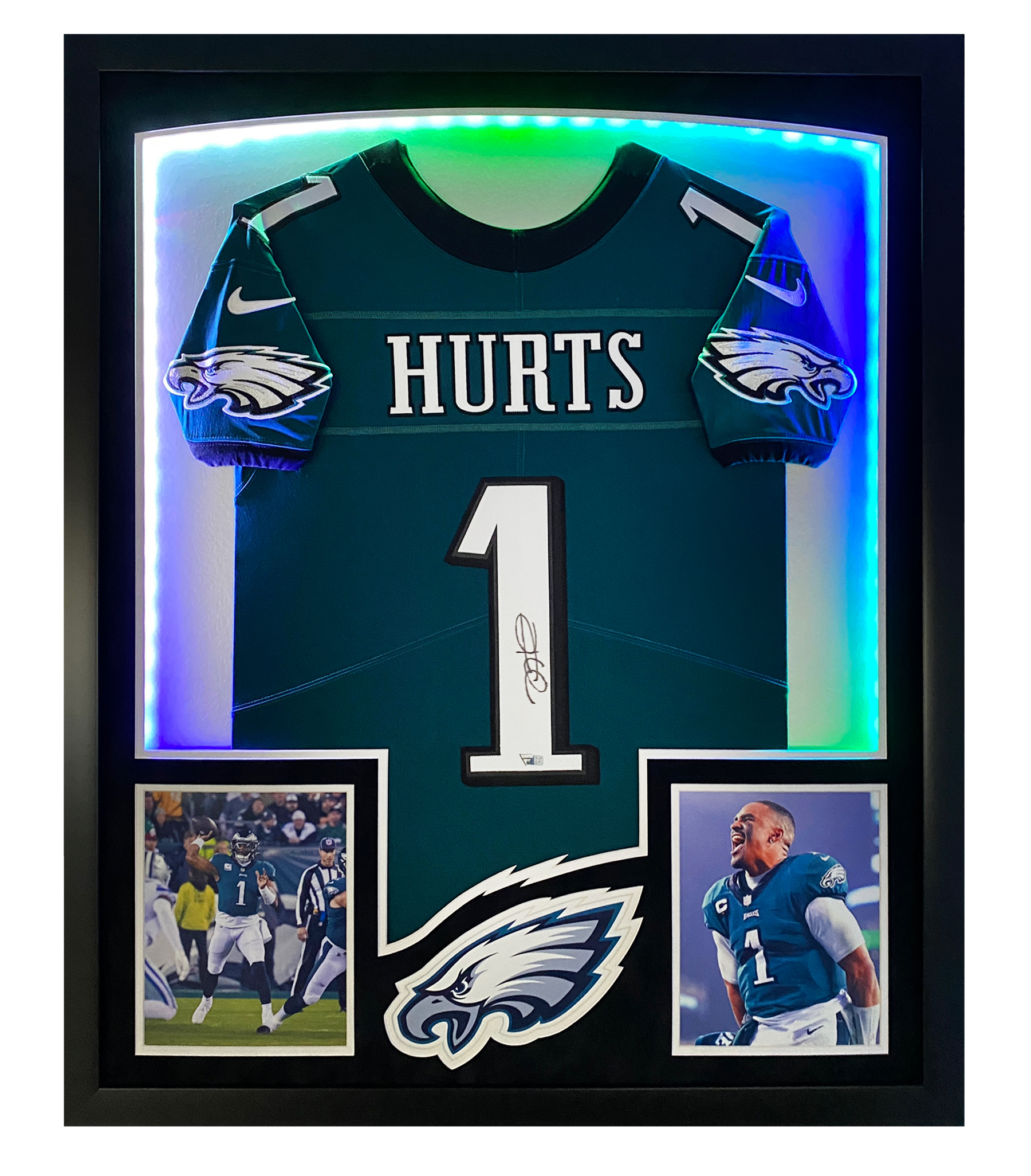 Jalen Hurts Signed Eagles Custom Framed Jersey Display with LED Backlit Display (Fanatics) at PristineAuction.com Jalen Hurts Signed Eagles Custom Framed Jersey Display with LED Backlit Display (Fanatics) at PristineAuction.com