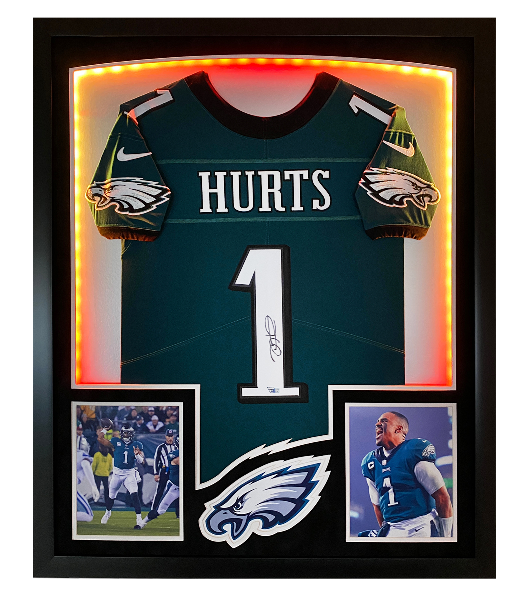 Jalen Hurts Signed Eagles Custom Framed Jersey Display with LED Backlit Display (Fanatics) at PristineAuction.com Jalen Hurts Signed Eagles Custom Framed Jersey Display with LED Backlit Display (Fanatics) at PristineAuction.com