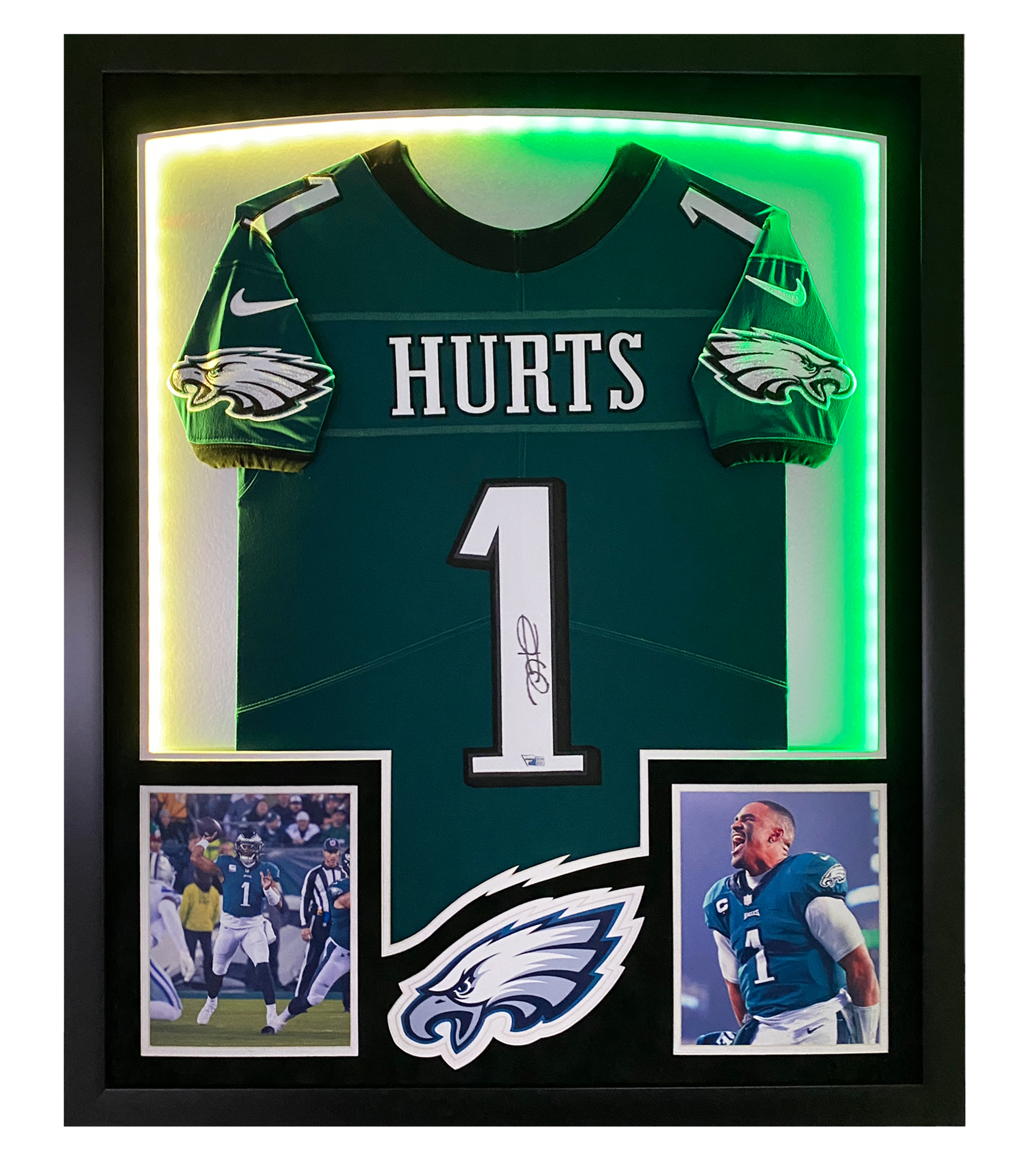 Jalen Hurts Signed Eagles Custom Framed Jersey Display with LED Backlit Display (Fanatics) at PristineAuction.com Jalen Hurts Signed Eagles Custom Framed Jersey Display with LED Backlit Display (Fanatics) at PristineAuction.com