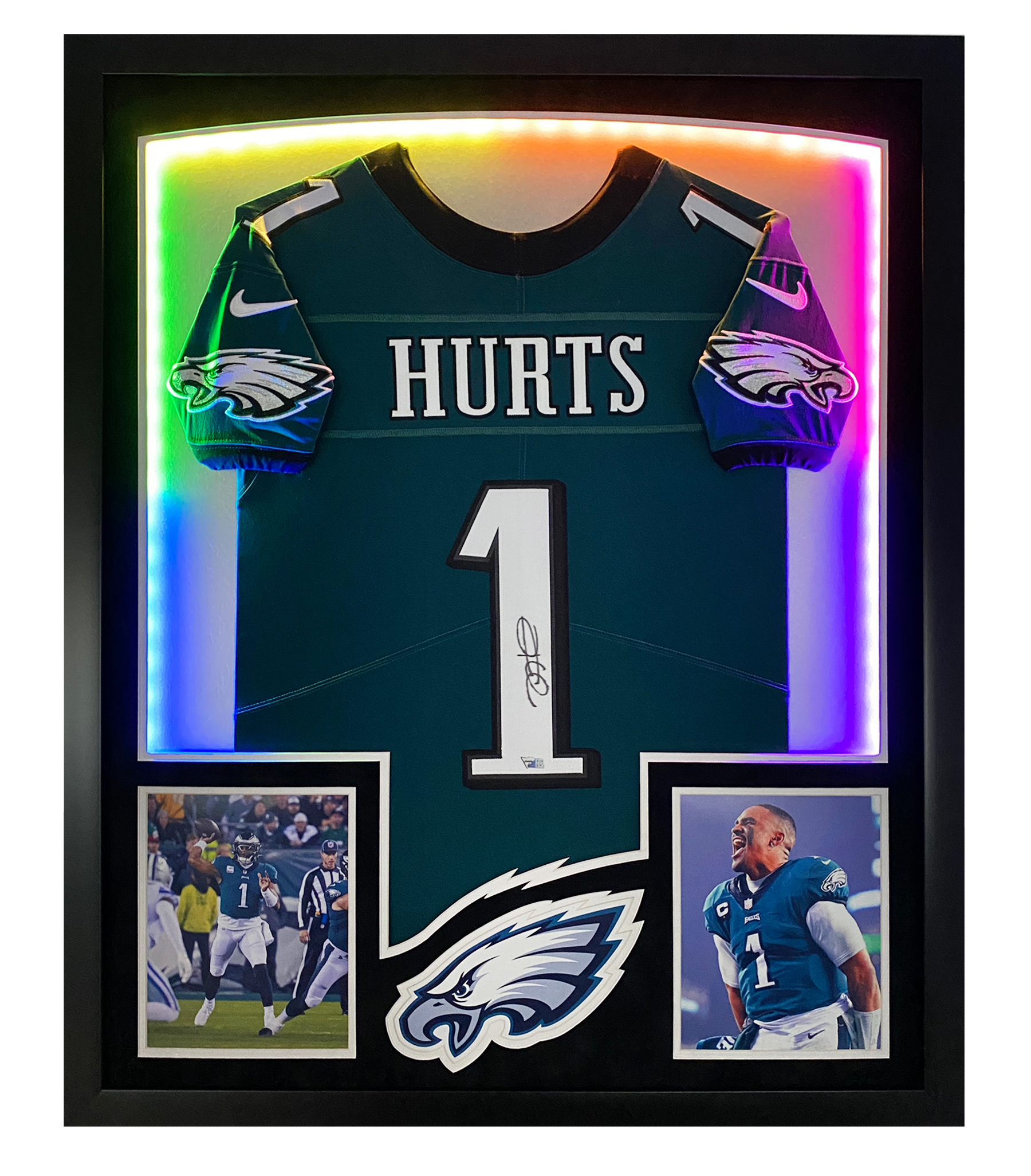 Jalen Hurts Signed Eagles Custom Framed Jersey Display with LED Backlit Display (Fanatics) at PristineAuction.com Jalen Hurts Signed Eagles Custom Framed Jersey Display with LED Backlit Display (Fanatics) at PristineAuction.com