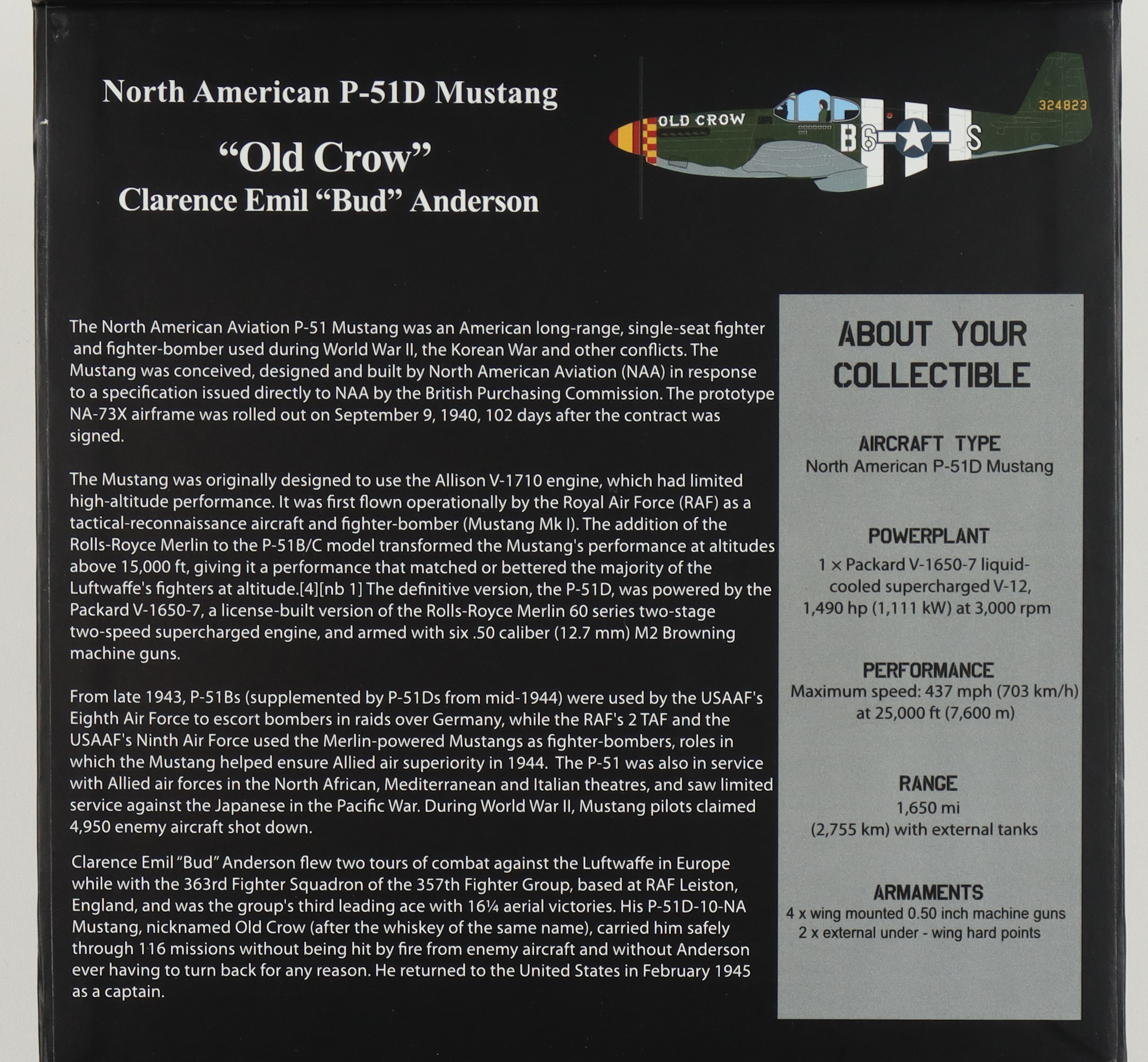 Colonel Bud Anderson Signed "Old Crow" P-51D Mustang 1:72 Scale Die-Cast Plane (Beckett) at PristineAuction.com Colonel Bud Anderson Signed "Old Crow" P-51D Mustang 1:72 Scale Die-Cast Plane (Beckett) at PristineAuction.com