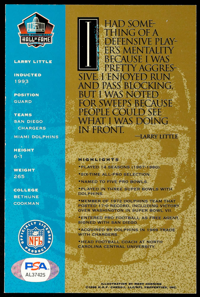 Larry Little Signed Hall of Fame Signature Series Card Inscribed "HOF 93" (PSA) at PristineAuction.com Larry Little Signed Hall of Fame Signature Series Card Inscribed "HOF 93" (PSA) at PristineAuction.com