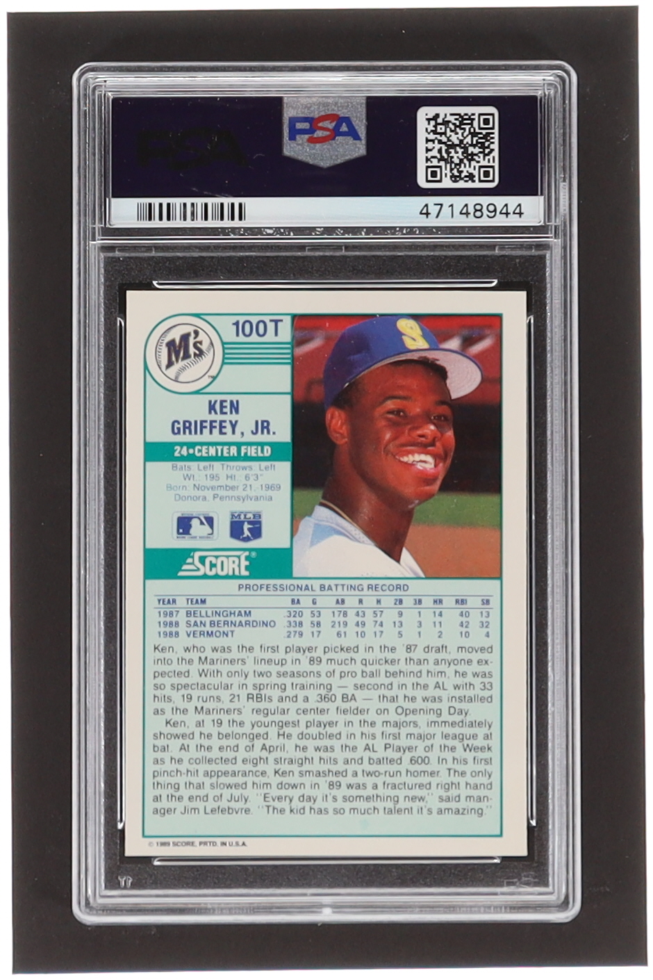 Ken Griffey Jr. 1989 Score Rookie Traded #100T RC (PSA 9) at PristineAuction.com Ken Griffey Jr. 1989 Score Rookie Traded #100T RC (PSA 9) at PristineAuction.com