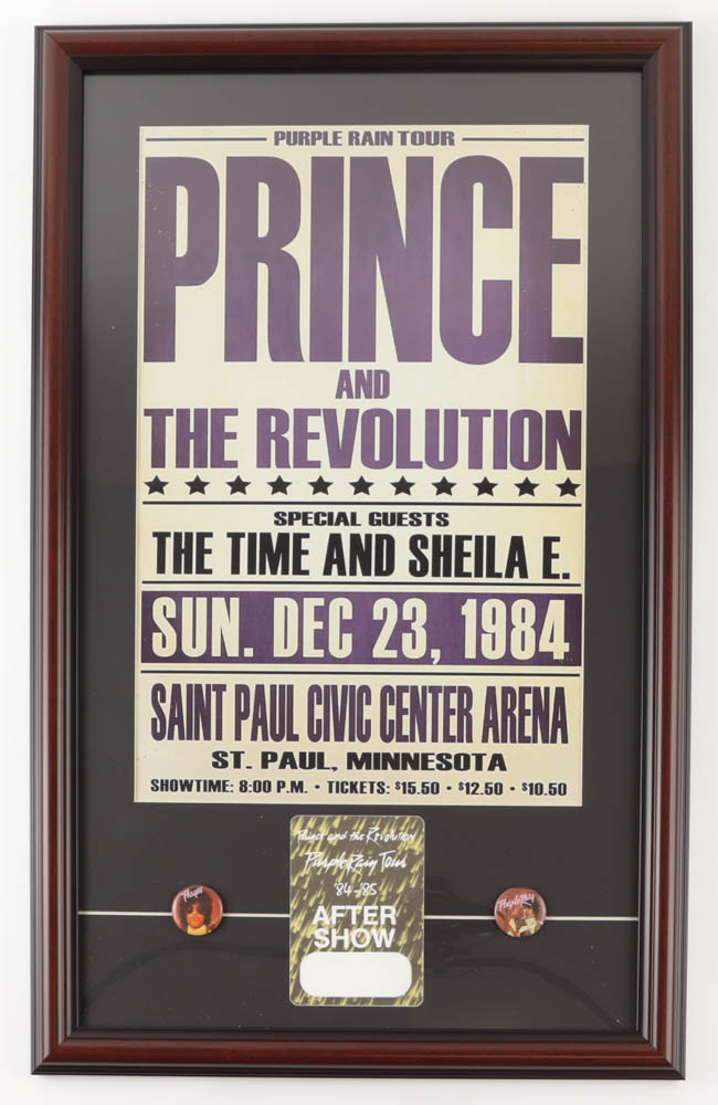 "Prince and The Revolution: Purple Rain Tour" Poster Custom Framed Print Display with Original 1984-85 Backstage Pass & (2) Concert Pins at PristineAuction.com "Prince and The Revolution: Purple Rain Tour" Poster Custom Framed Print Display with Original 1984-85 Backstage Pass & (2) Concert Pins at PristineAuction.com
