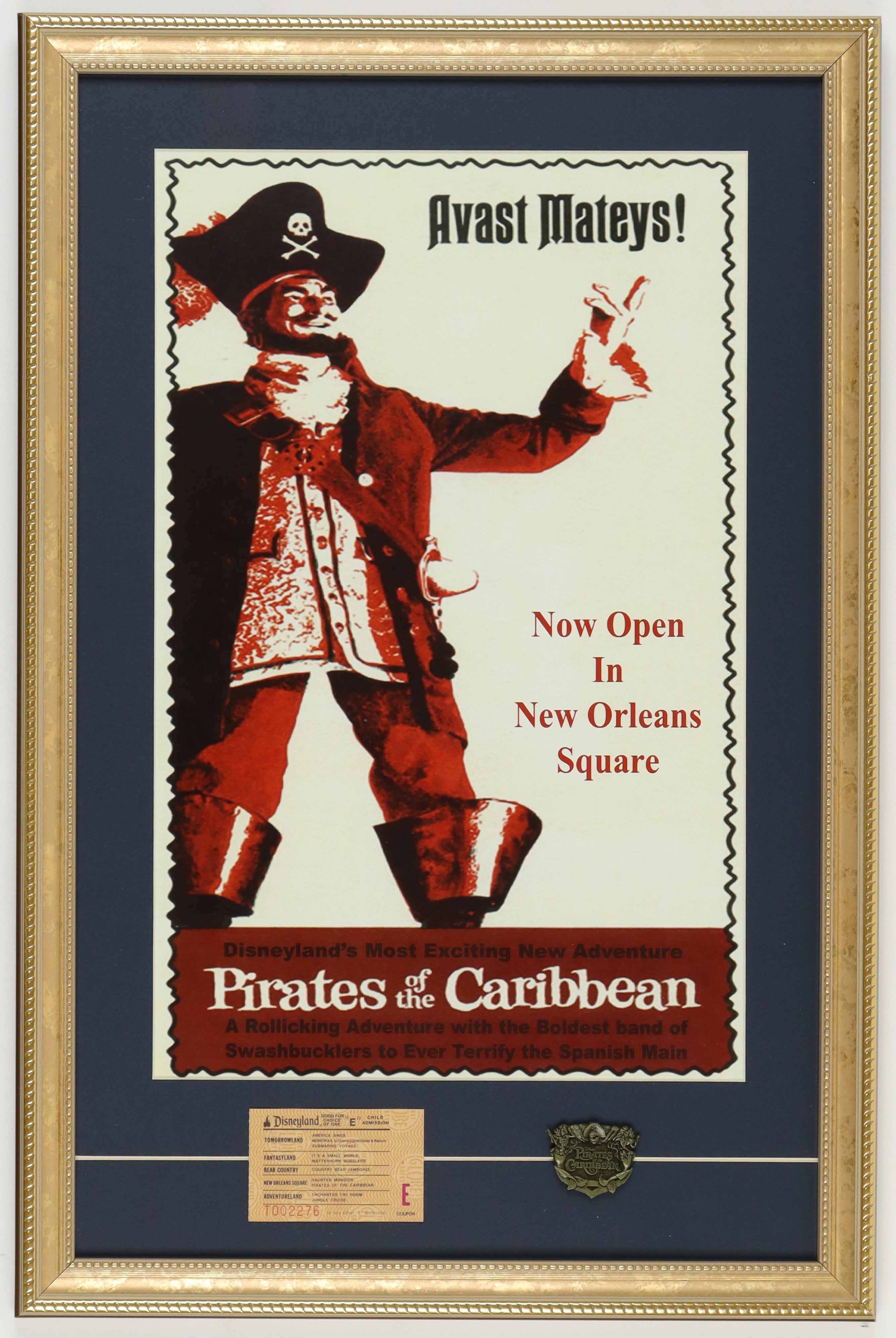 Disneyland "Pirates of the Caribbean" Custom Framed Print Display with Vintage Disneyland 'E' Ticket & Brass Ride Emblem at PristineAuction.com Disneyland "Pirates of the Caribbean" Custom Framed Print Display with Vintage Disneyland 'E' Ticket & Brass Ride Emblem at PristineAuction.com