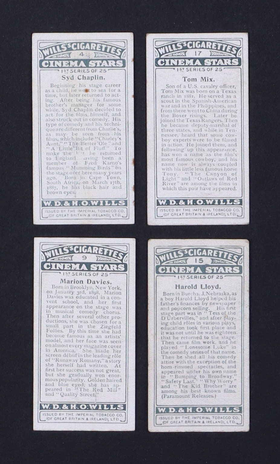 1928 Will's Cigarettes Cinema Stars 1st Series Complete Set of (25) Cards with Syd Chaplin #4, Harold Lloyd #15, Tom Mix #17 at PristineAuction.com 1928 Will's Cigarettes Cinema Stars 1st Series Complete Set of (25) Cards with Syd Chaplin #4, Harold Lloyd #15, Tom Mix #17 at PristineAuction.com