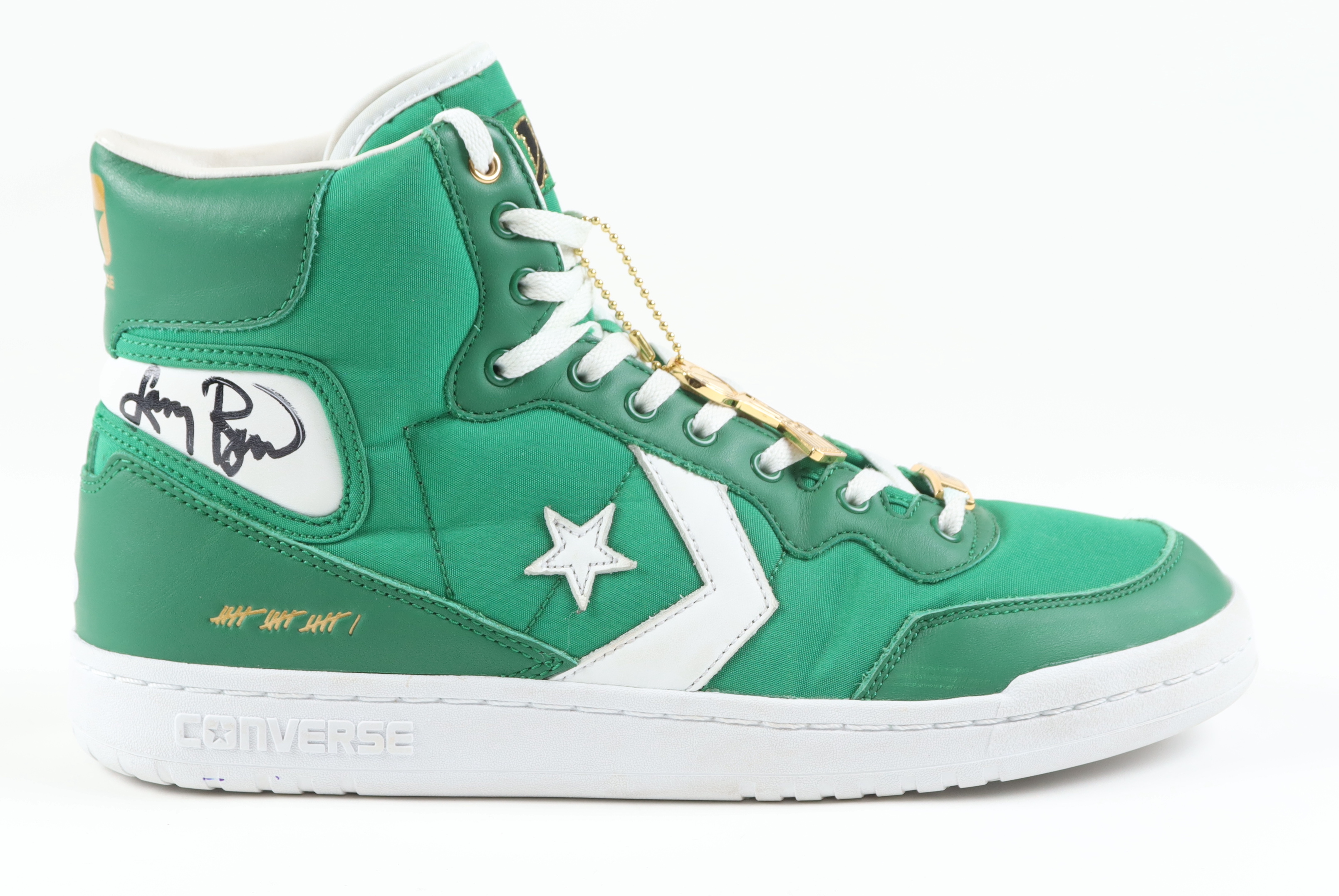 Larry Bird Signed Converse Special Edition 1984 Boston Celtics Championship Basketball Shoe with NBA Trophy Hanger (PSA) at PristineAuction.com Larry Bird Signed Converse Special Edition 1984 Boston Celtics Championship Basketball Shoe with NBA Trophy Hanger (PSA) at PristineAuction.com