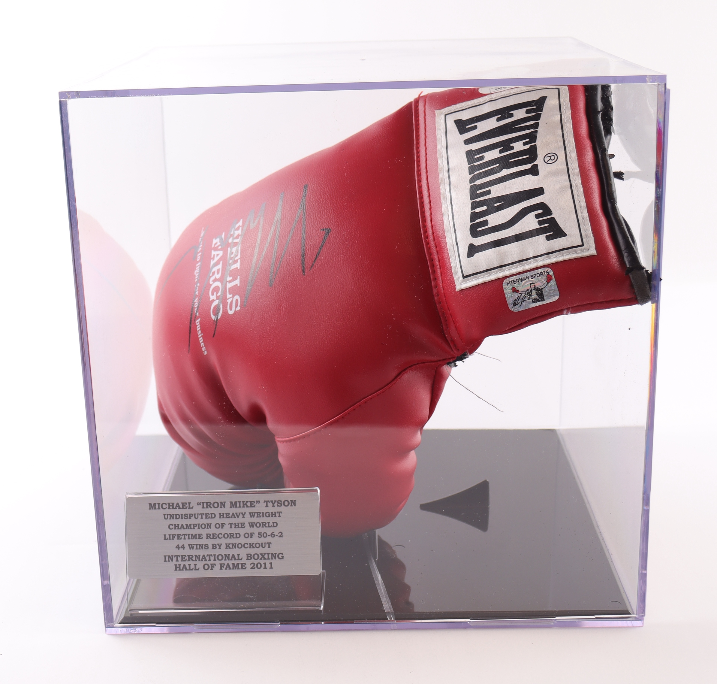 Mike Tyson Signed Everlast Wells Fargo Fight Sponsor Boxing Glove with Display Case (Tyson & JSA) at PristineAuction.com Mike Tyson Signed Everlast Wells Fargo Fight Sponsor Boxing Glove with Display Case (Tyson & JSA) at PristineAuction.com