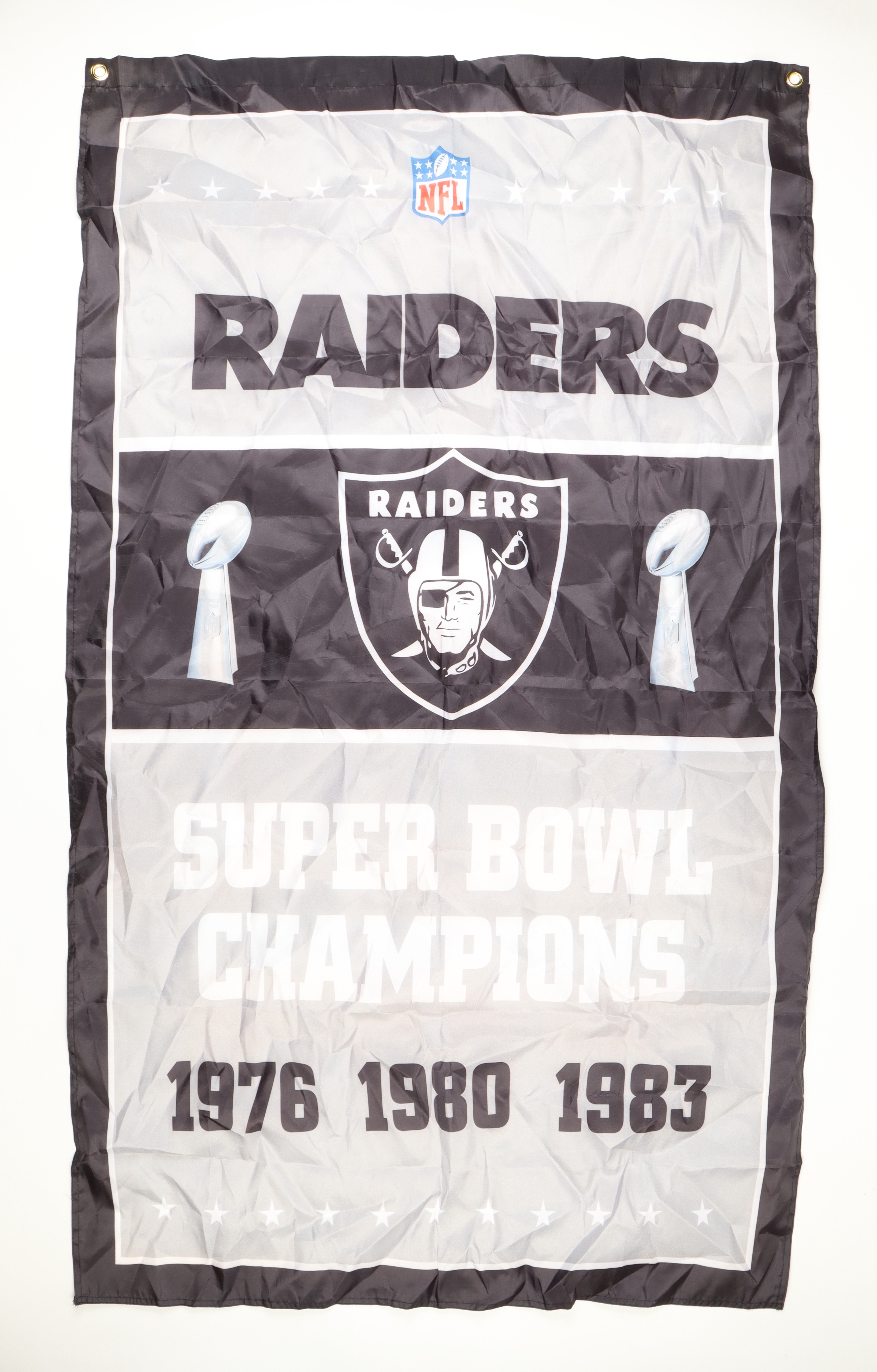 Raiders 3x Super Bowl Champion 35x58 Banner at PristineAuction.com Raiders 3x Super Bowl Champion 35x58 Banner at PristineAuction.com