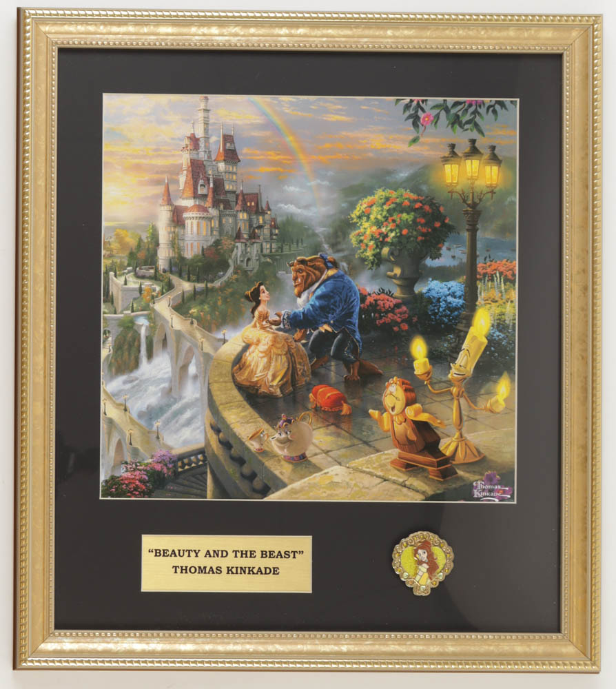 Thomas Kinkade "Beauty & The Beast" Custom Framed Print Display With Princess Belle Pin at PristineAuction.com Thomas Kinkade "Beauty & The Beast" Custom Framed Print Display With Princess Belle Pin at PristineAuction.com
