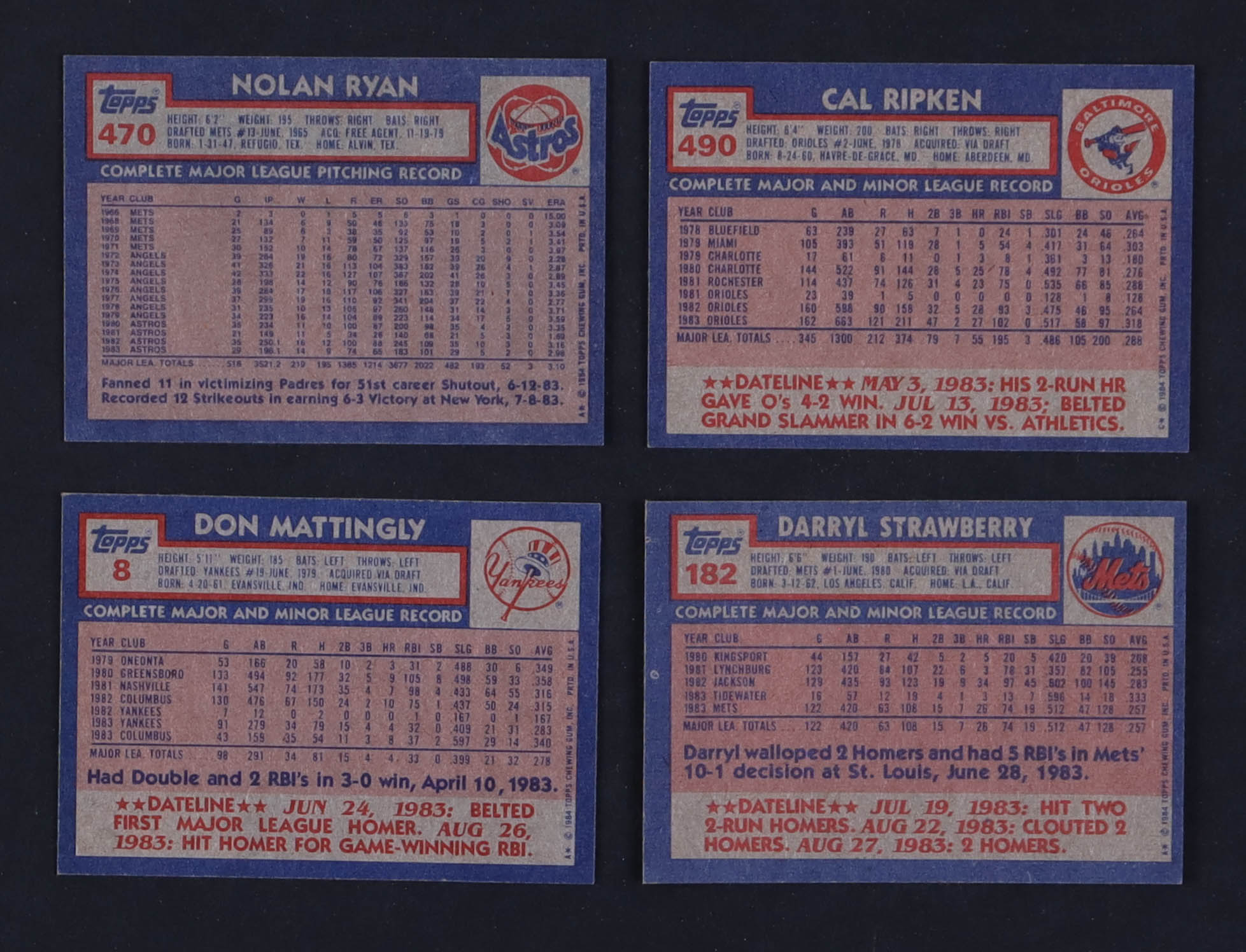 1984 Topps Baseball Complete Set of (792) Cards with Don Mattingly #8 RC, Cal Ripken #490, Darryl Strawberry #182 RC, Nolan Ryan #470 at PristineAuction.com 1984 Topps Baseball Complete Set of (792) Cards with Don Mattingly #8 RC, Cal Ripken #490, Darryl Strawberry #182 RC, Nolan Ryan #470 at PristineAuction.com