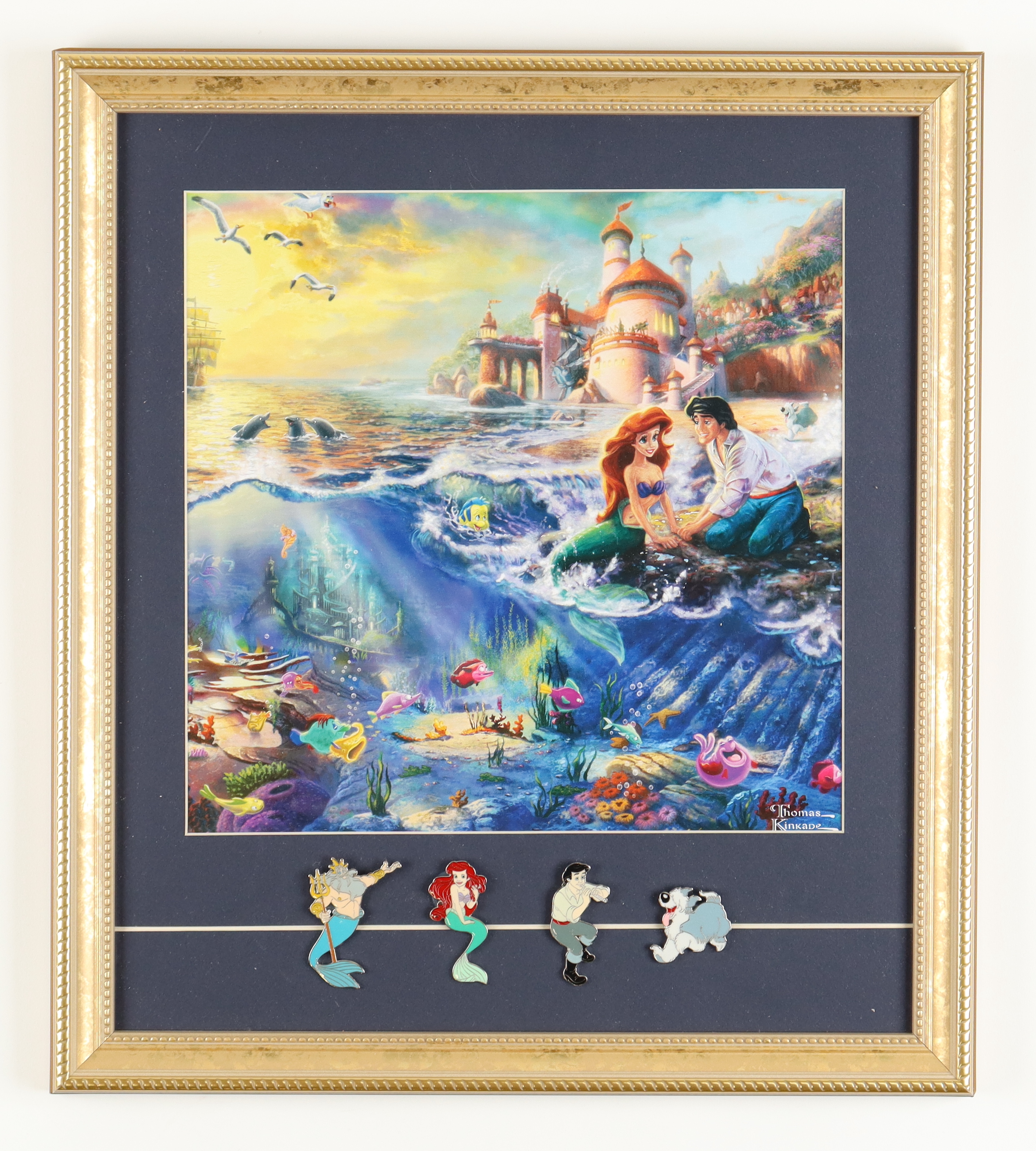 Thomas Kinkade "The Little Mermaid" Custom Framed Print Display with (4) Character Pins at PristineAuction.com Thomas Kinkade "The Little Mermaid" Custom Framed Print Display with (4) Character Pins at PristineAuction.com