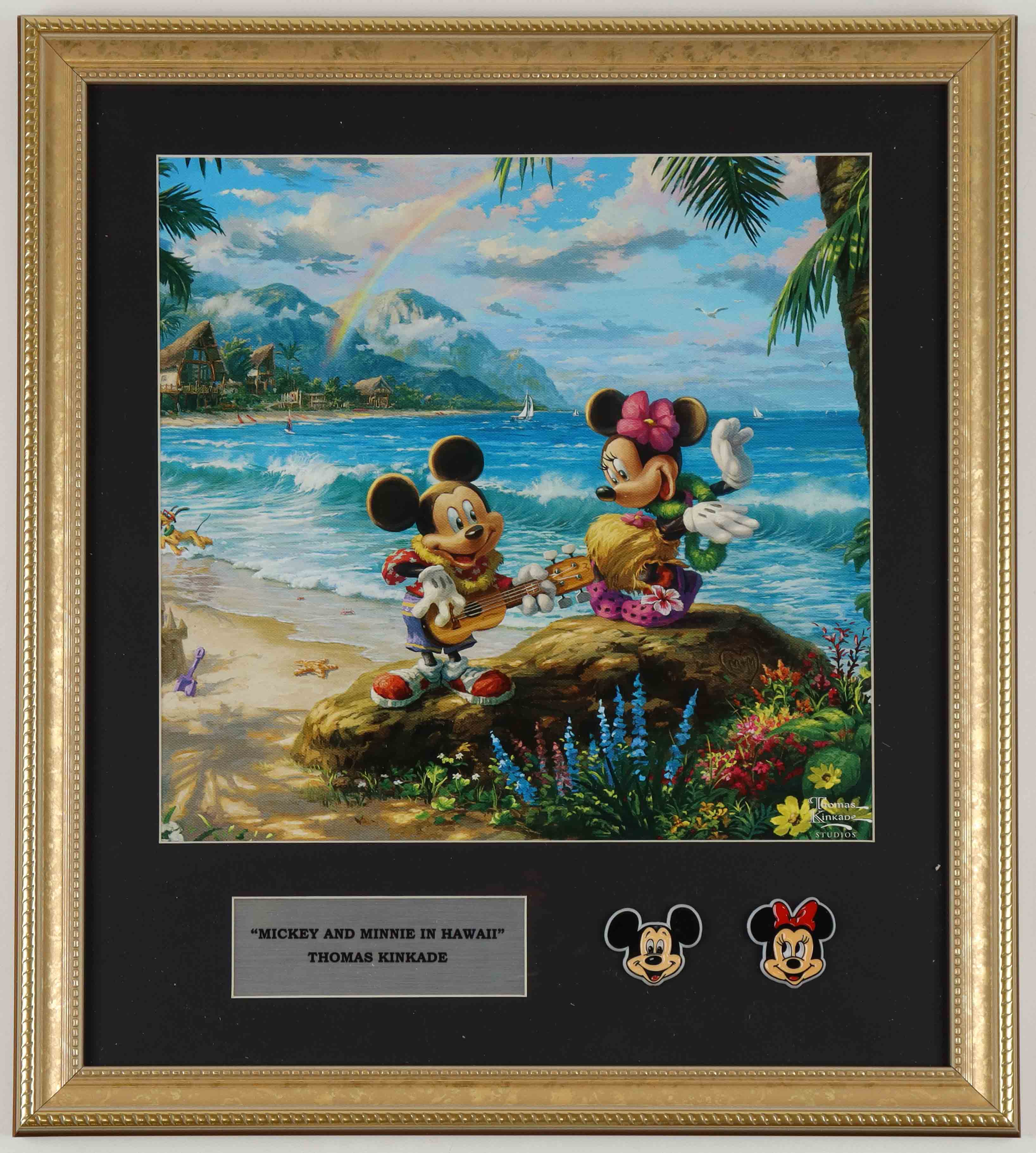 Thomas Kinkade "Mickey and Minnie in Hawaii" Custom Framed Print with Mickey & Minnie Mouse Pins at PristineAuction.com Thomas Kinkade "Mickey and Minnie in Hawaii" Custom Framed Print with Mickey & Minnie Mouse Pins at PristineAuction.com