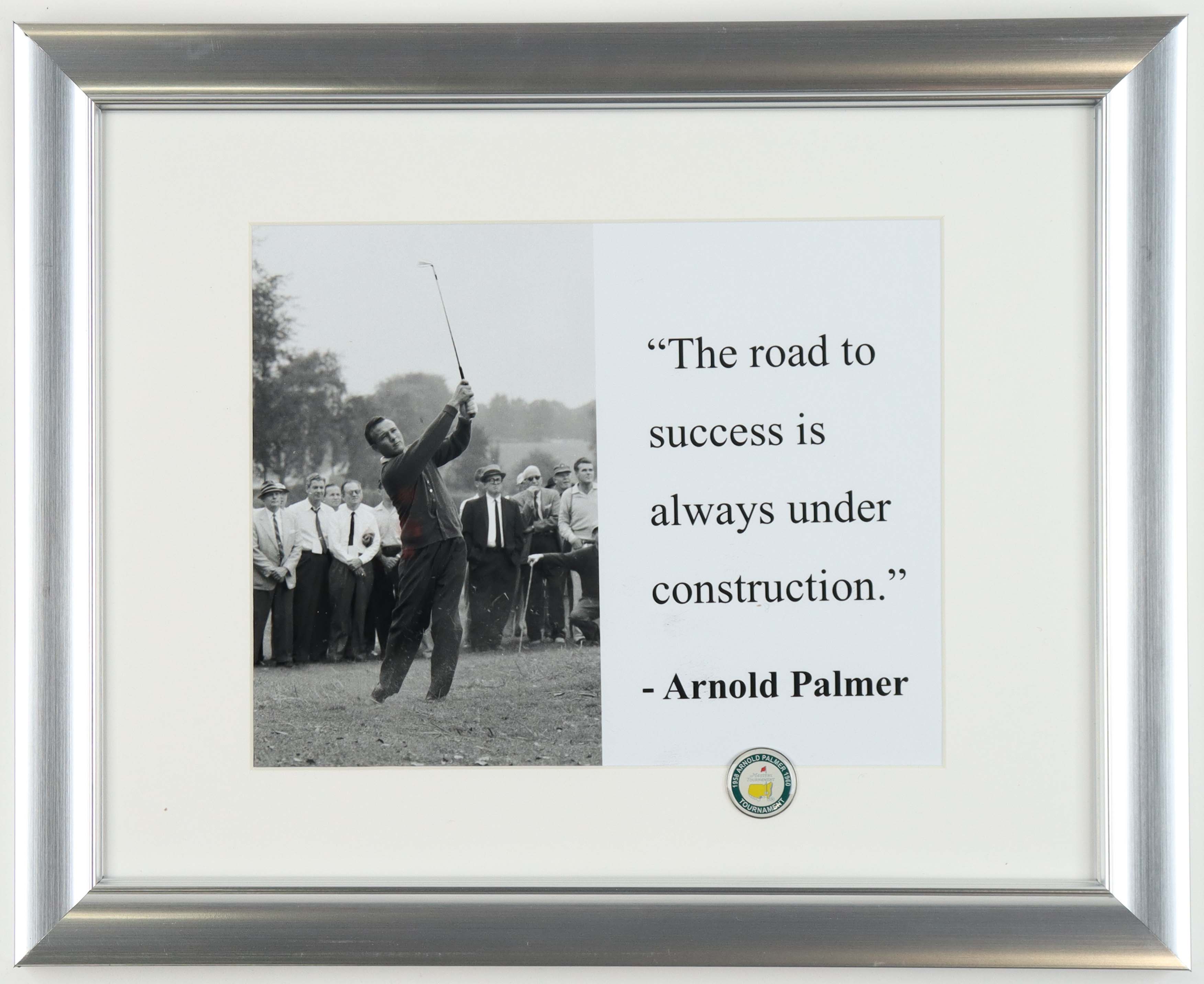 Arnold Palmer Custom Framed Photo with 1960 Masters Champion Pin at PristineAuction.com Arnold Palmer Custom Framed Photo with 1960 Masters Champion Pin at PristineAuction.com