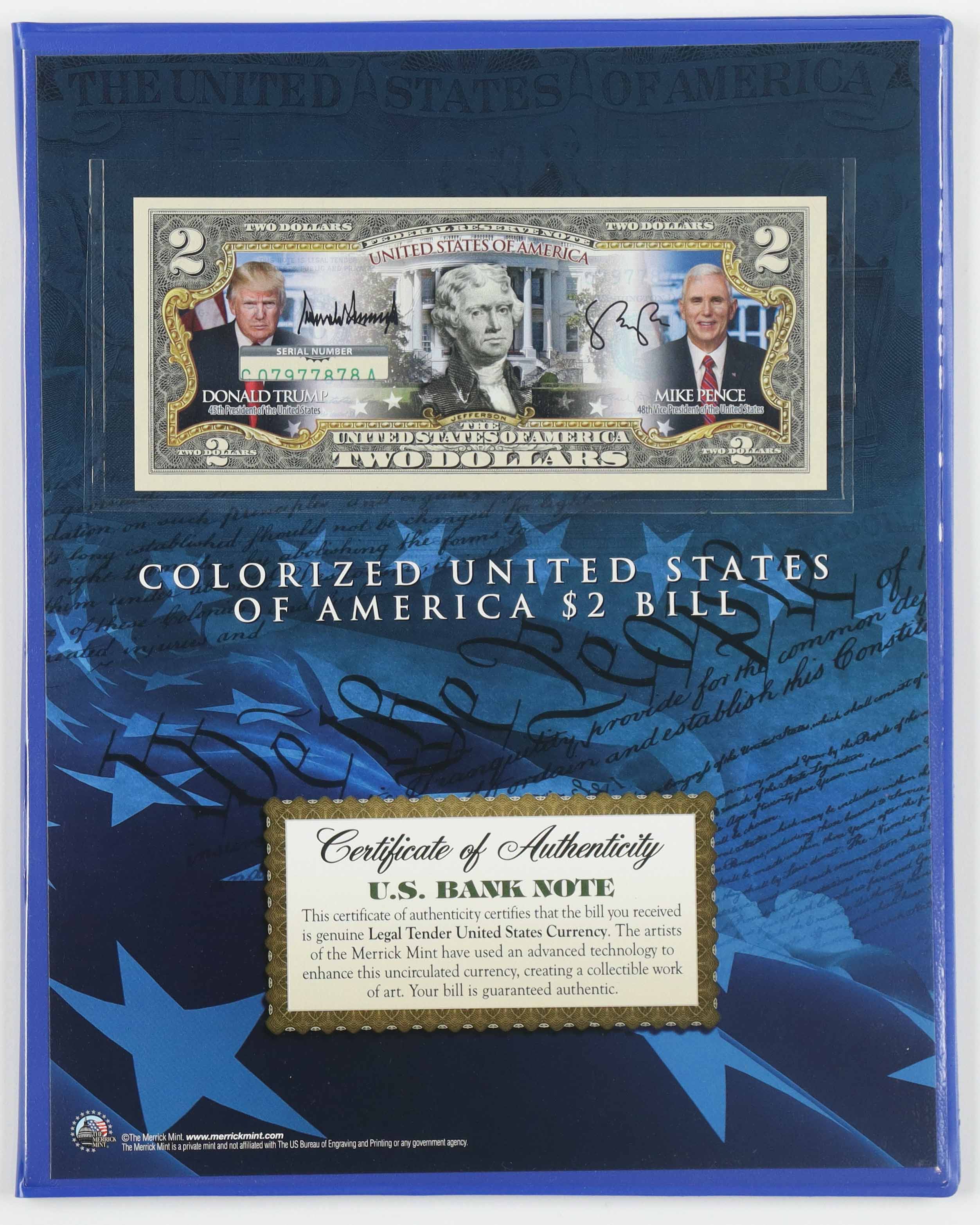 Donald Trump Genuine Legal Tender Colorized U.S. $2.00 Two Dollar Bill Commemorative Edition Bank Note with Folder at PristineAuction.com Donald Trump Genuine Legal Tender Colorized U.S. $2.00 Two Dollar Bill Commemorative Edition Bank Note with Folder at PristineAuction.com