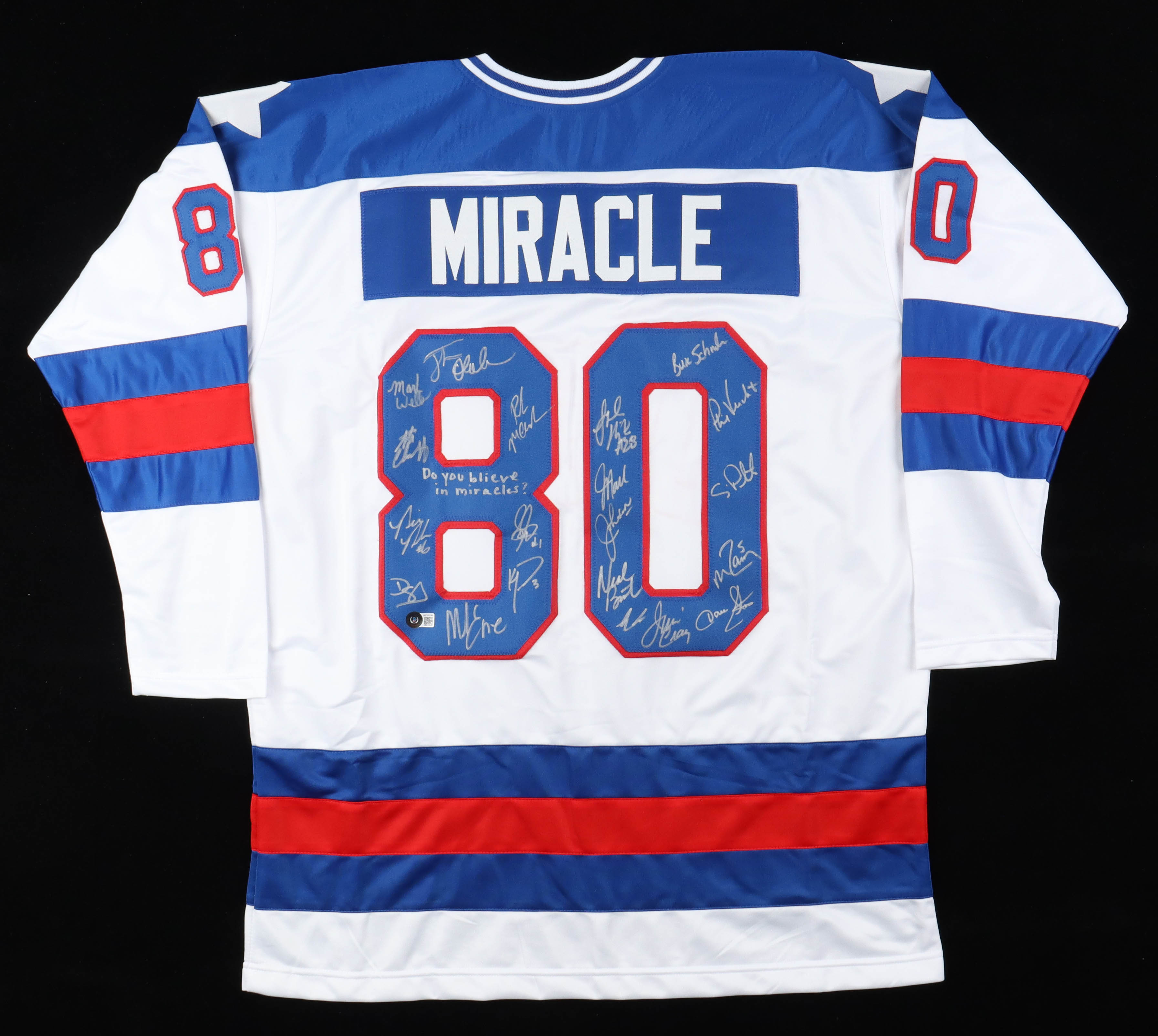 1980 Team USA Hockey "Miracle on Ice" Jersey Signed by (19) with Mike Eruzione, Jim Craig, Ken Morrow, Buzz Schneider Inscribed "Do You Believe In Miracles?" (Beckett) at PristineAuction.com 1980 Team USA Hockey "Miracle on Ice" Jersey Signed by (19) with Mike Eruzione, Jim Craig, Ken Morrow, Buzz Schneider Inscribed "Do You Believe In Miracles?" (Beckett) at PristineAuction.com