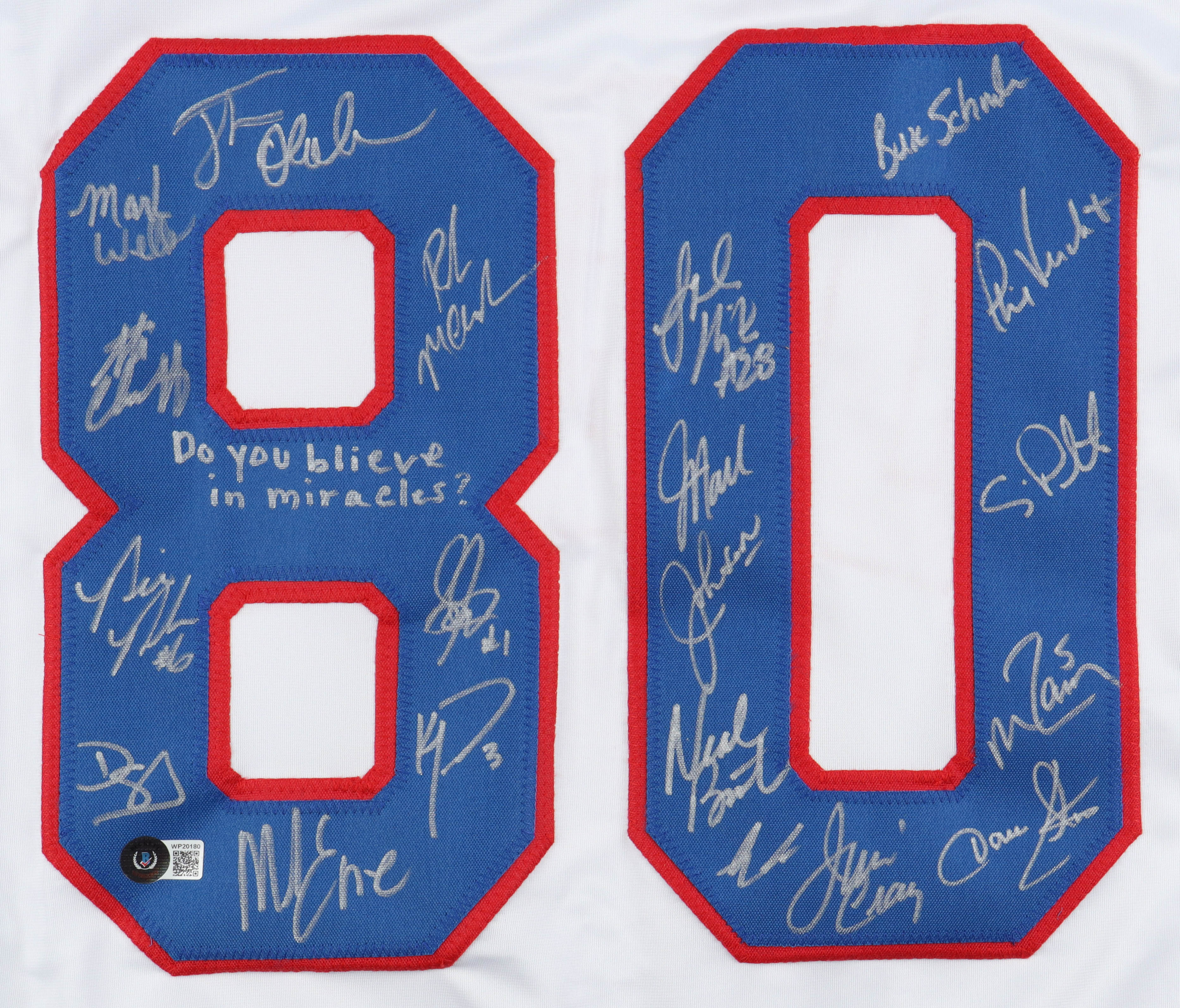 1980 Team USA Hockey "Miracle on Ice" Jersey Signed by (19) with Mike Eruzione, Jim Craig, Ken Morrow, Buzz Schneider Inscribed "Do You Believe In Miracles?" (Beckett) at PristineAuction.com 1980 Team USA Hockey "Miracle on Ice" Jersey Signed by (19) with Mike Eruzione, Jim Craig, Ken Morrow, Buzz Schneider Inscribed "Do You Believe In Miracles?" (Beckett) at PristineAuction.com
