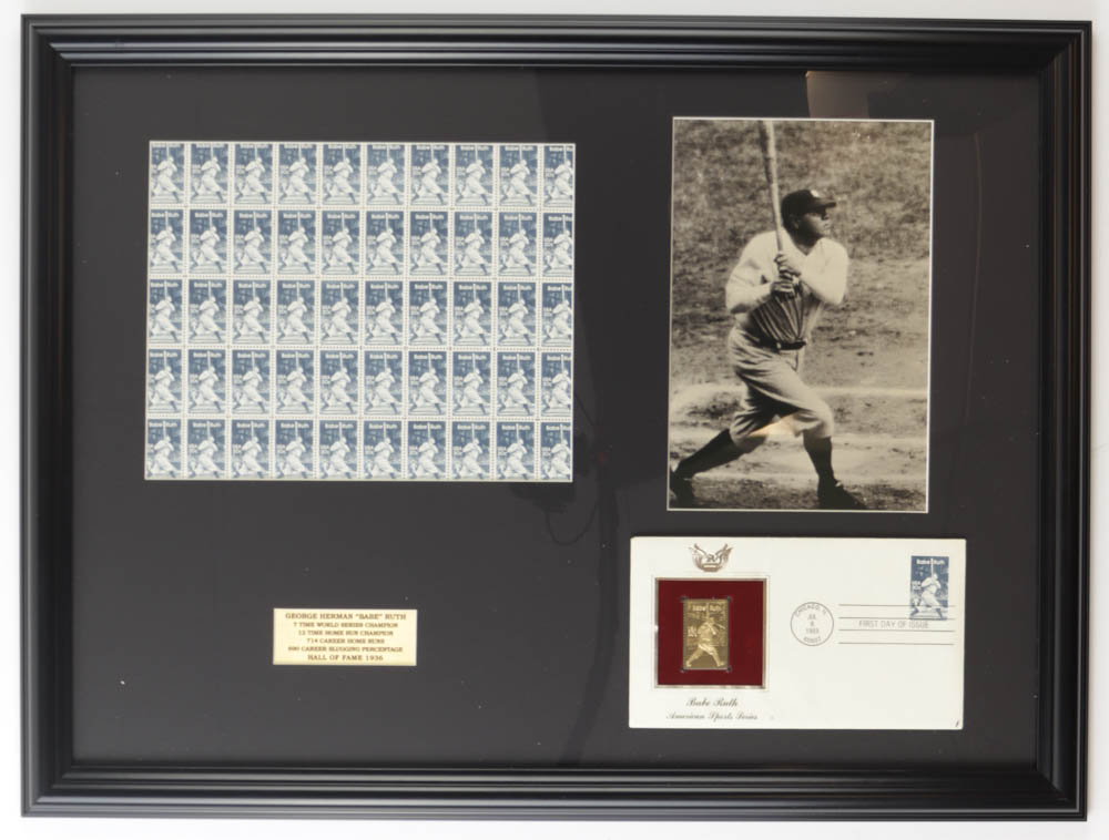 Babe Ruth 1983 Full Uncut U.S. Stamp Sheet Custom Framed Display with First Day Issue Cover Envelope & Gold Stamp at PristineAuction.com Babe Ruth 1983 Full Uncut U.S. Stamp Sheet Custom Framed Display with First Day Issue Cover Envelope & Gold Stamp at PristineAuction.com